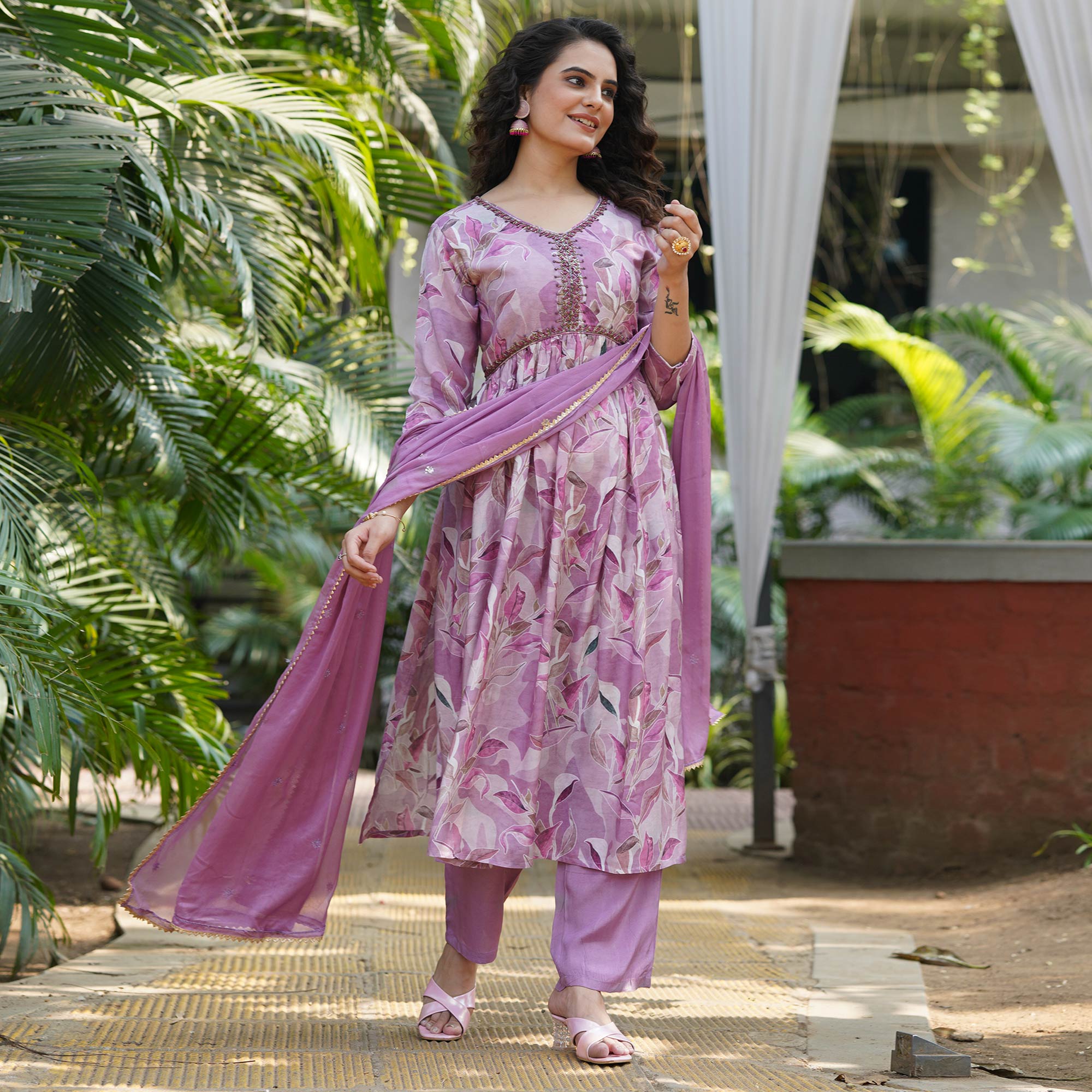 Lavender Muslin Digital Printed Alia Cut Suit With Beads Handcraft