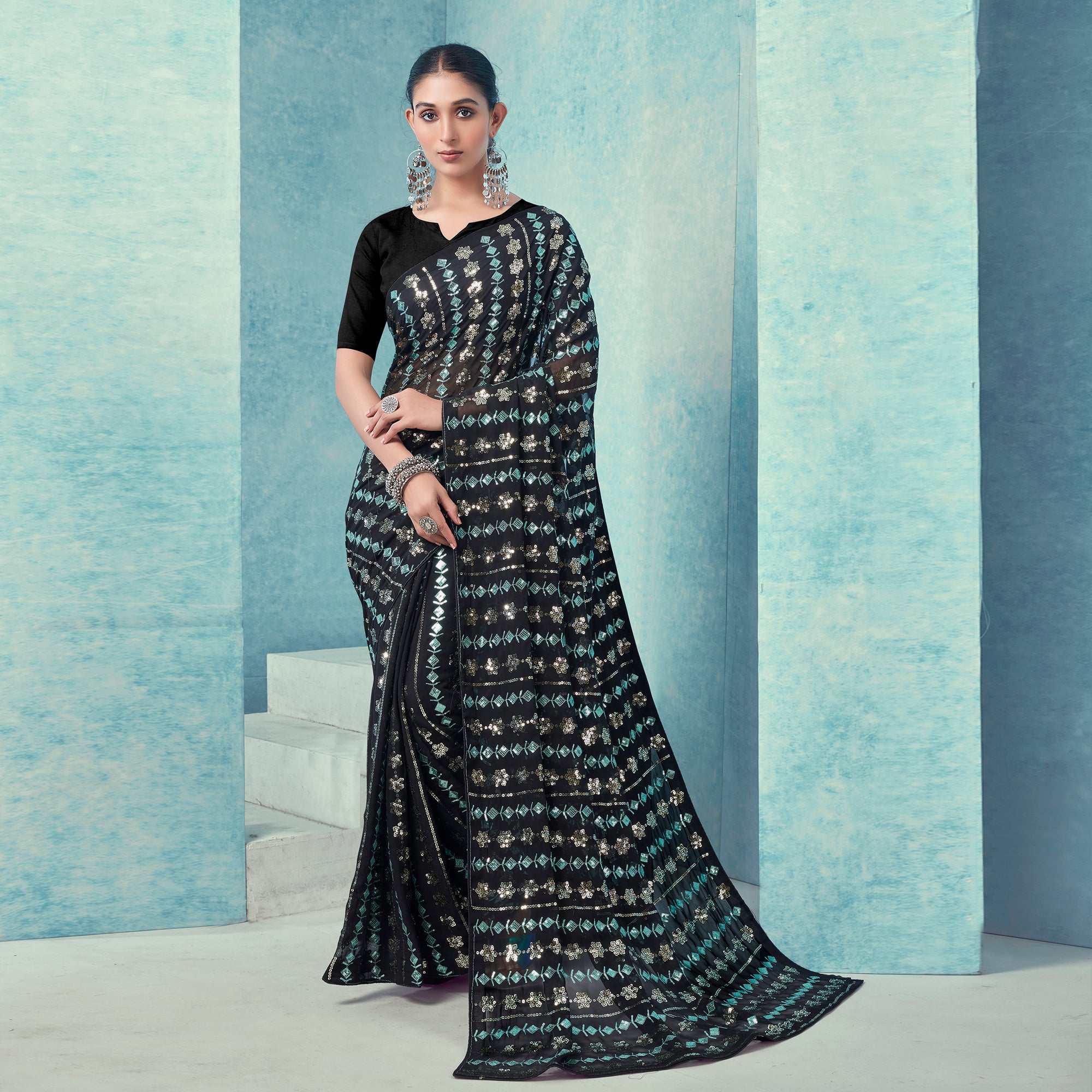 Black Sequins Embroidered Georgette Saree