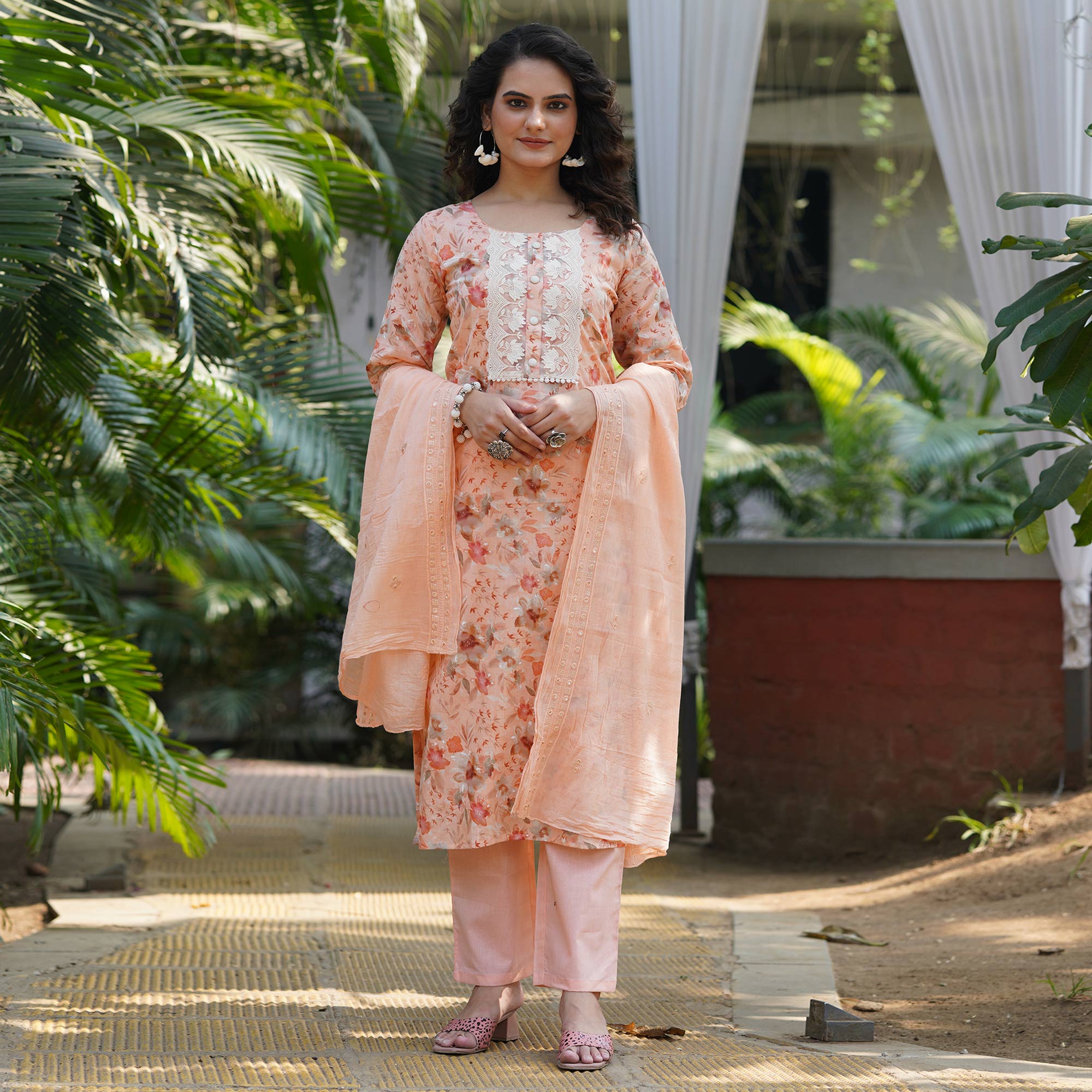 Peach Straight Pure Cotton Suit With Foil Print & Yoke Embroidery