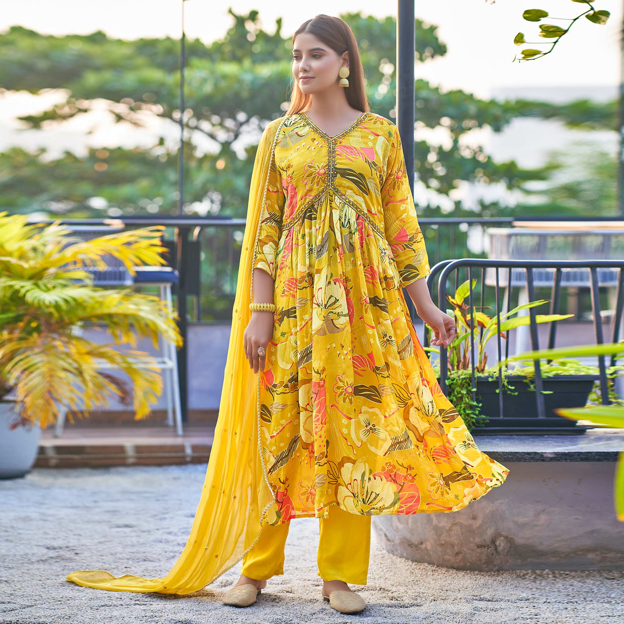 Mustard Chinon Alia Cut Suit with Zardosi Handcraft & Foil Print