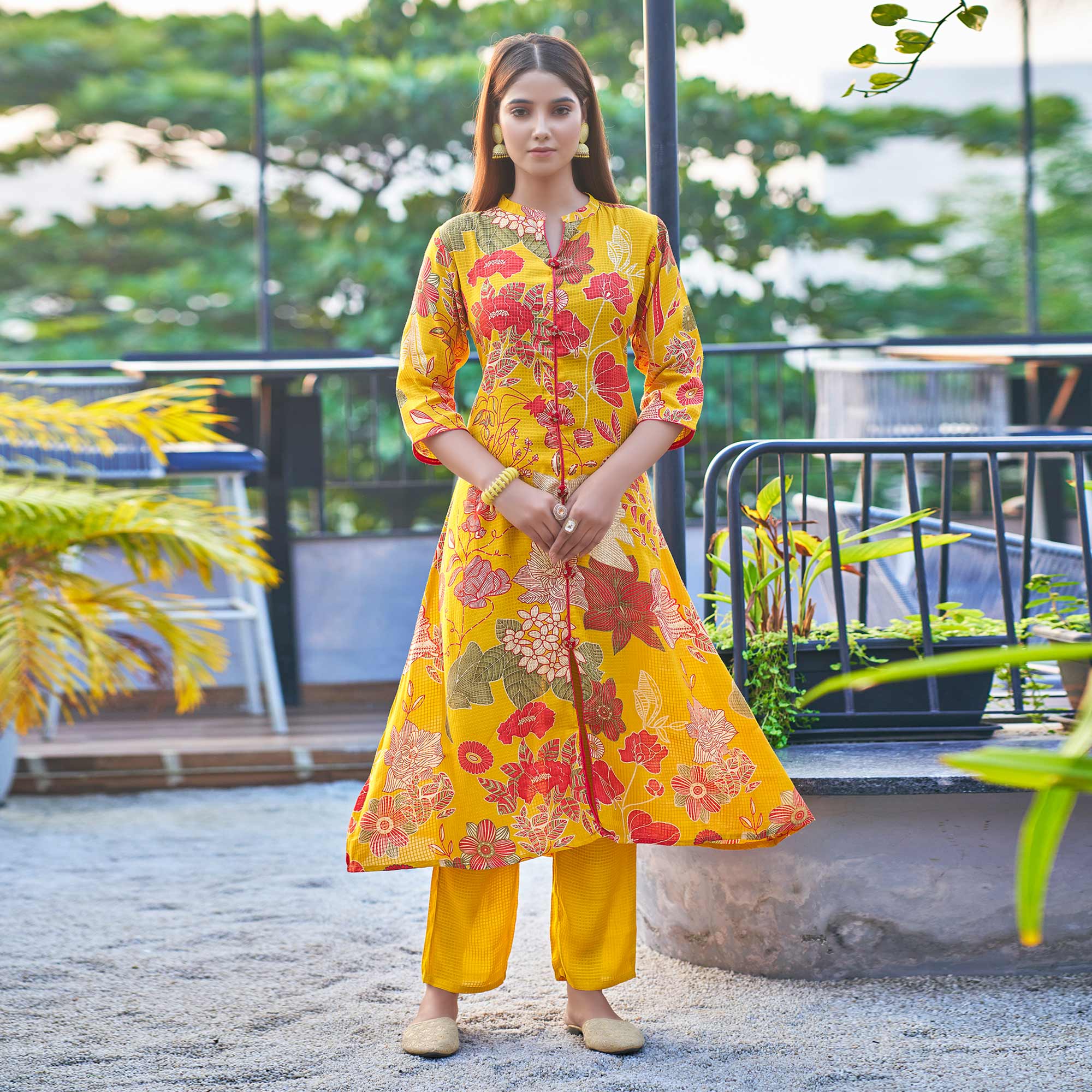 Mustard Floral Foil Printed Pure Cotton Kurti Sets