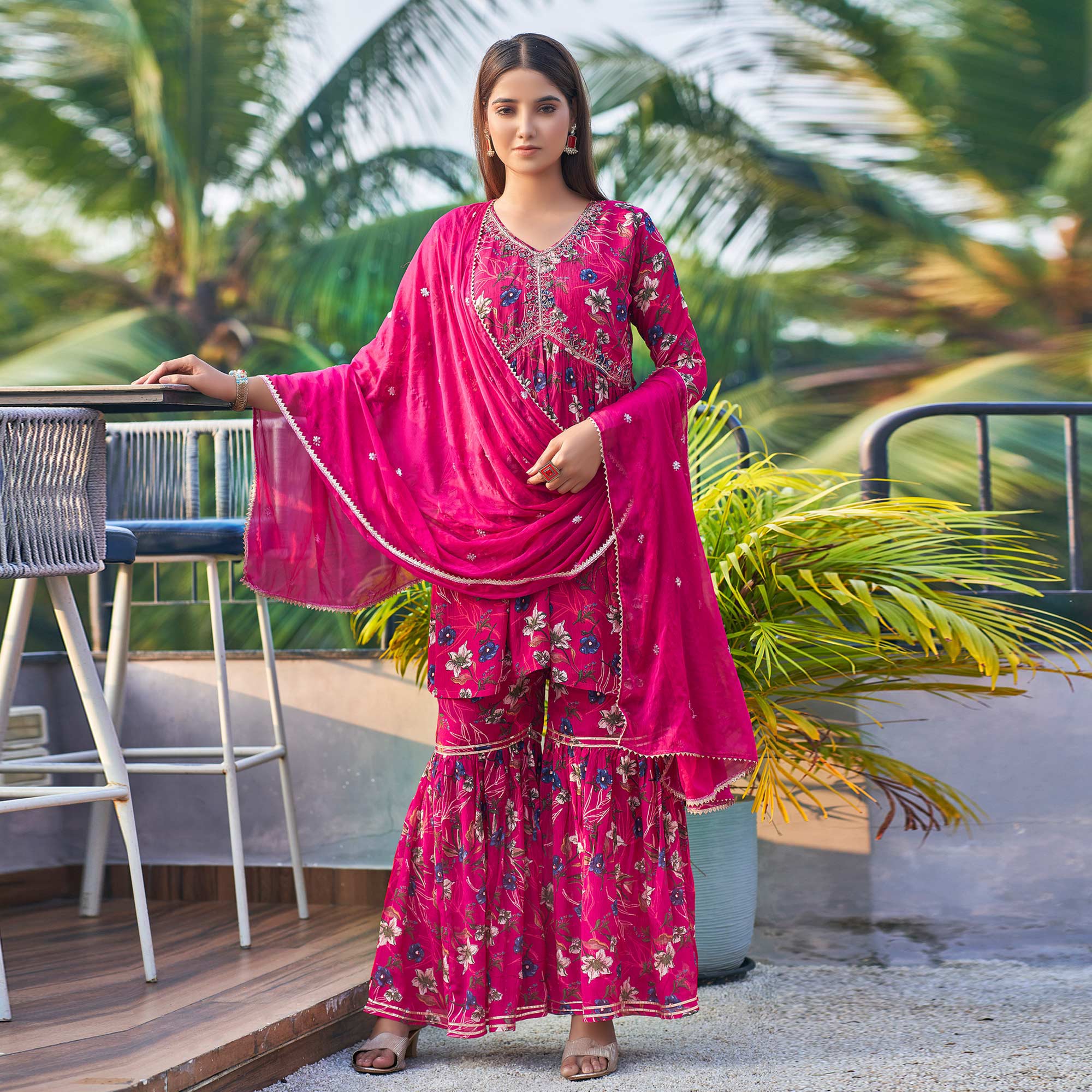 Pink Chinon Floral Printed Alia Cut Sharara Suit With Beads Handcraft