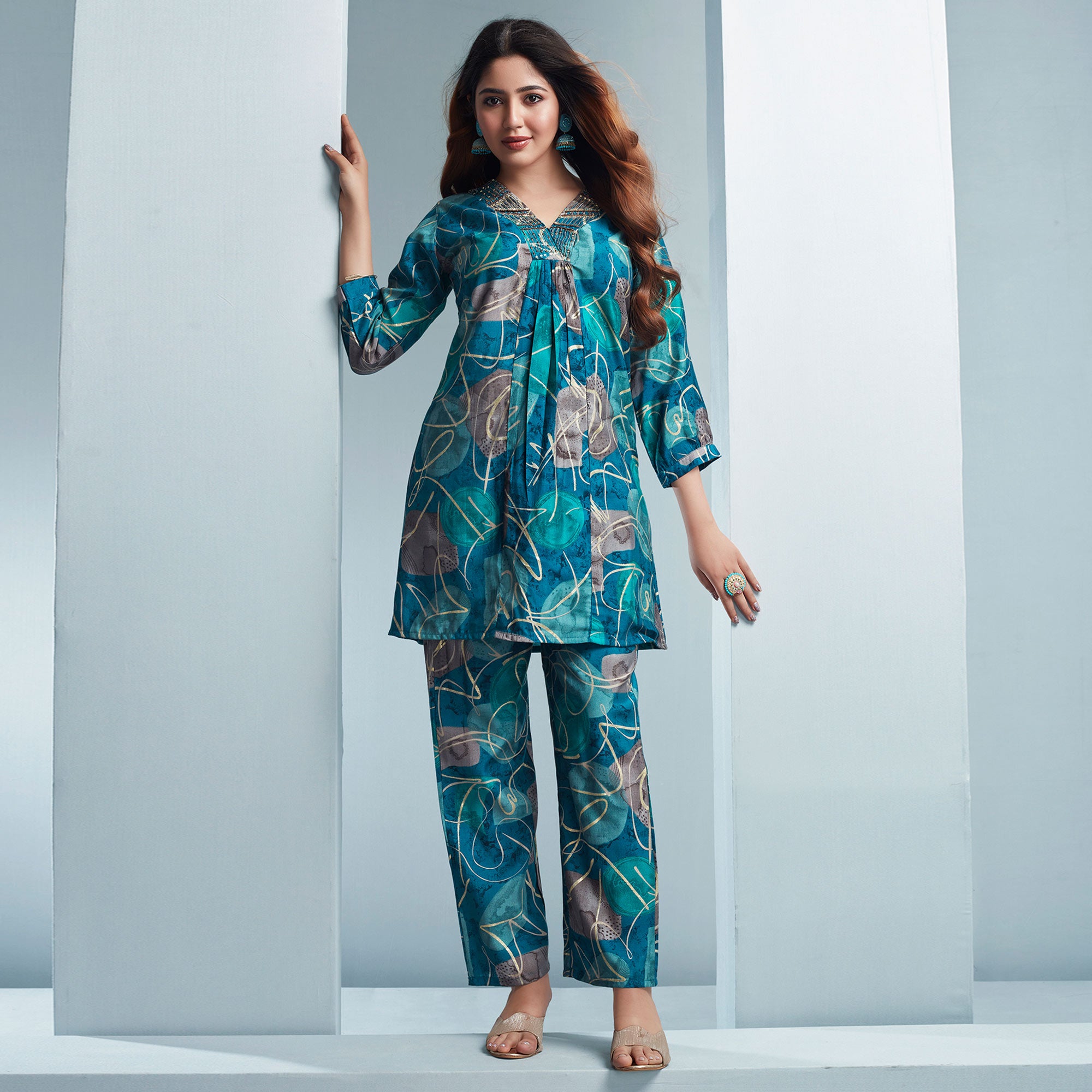 Teal Blue Foil Printed Chanderi Silk Co Ord Set With Handcrafted