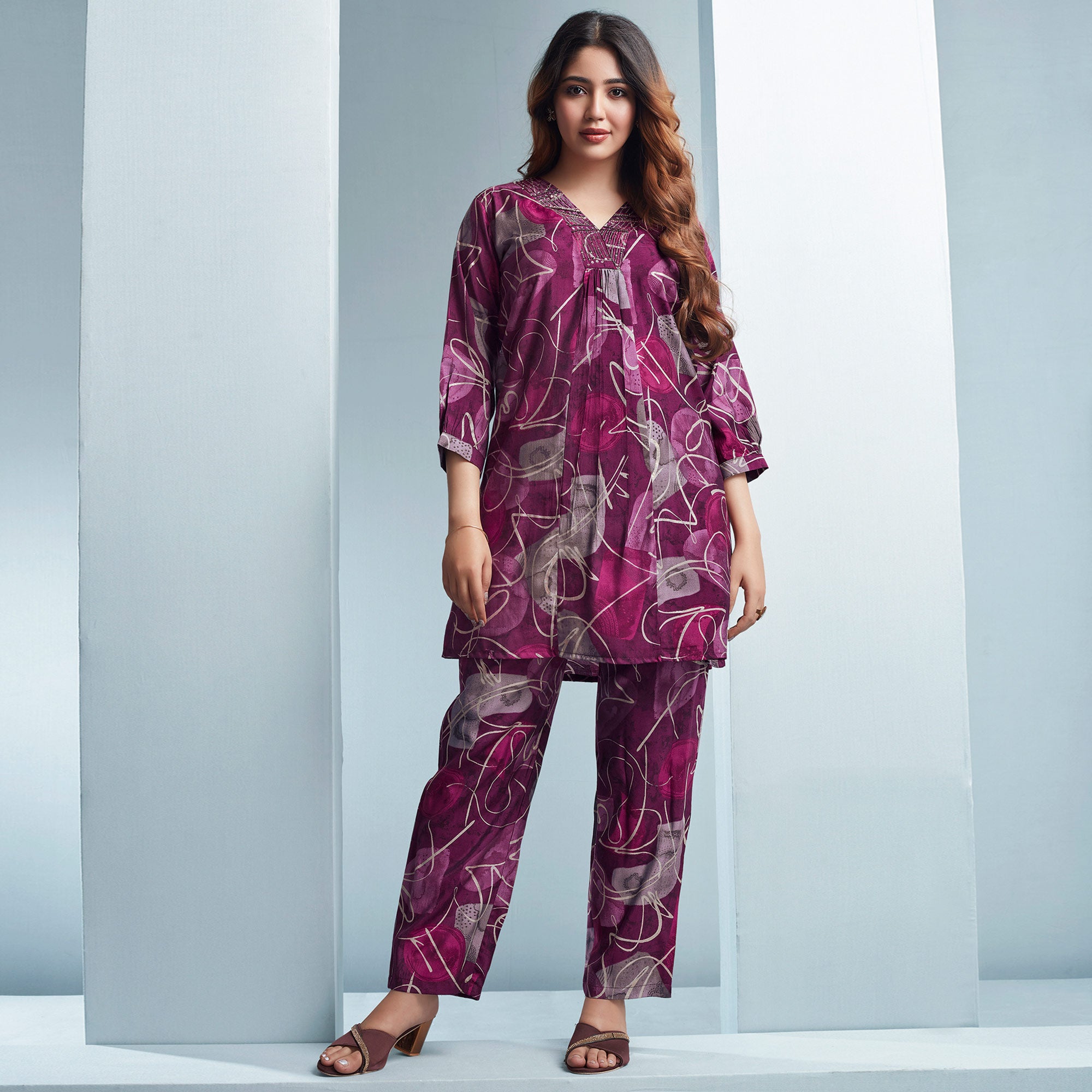 Wine Foil Printed Chanderi Silk Co Ord Set With Handcrafted