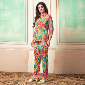 Multicolor Floral Foil Printed Muslin Co Ord Set