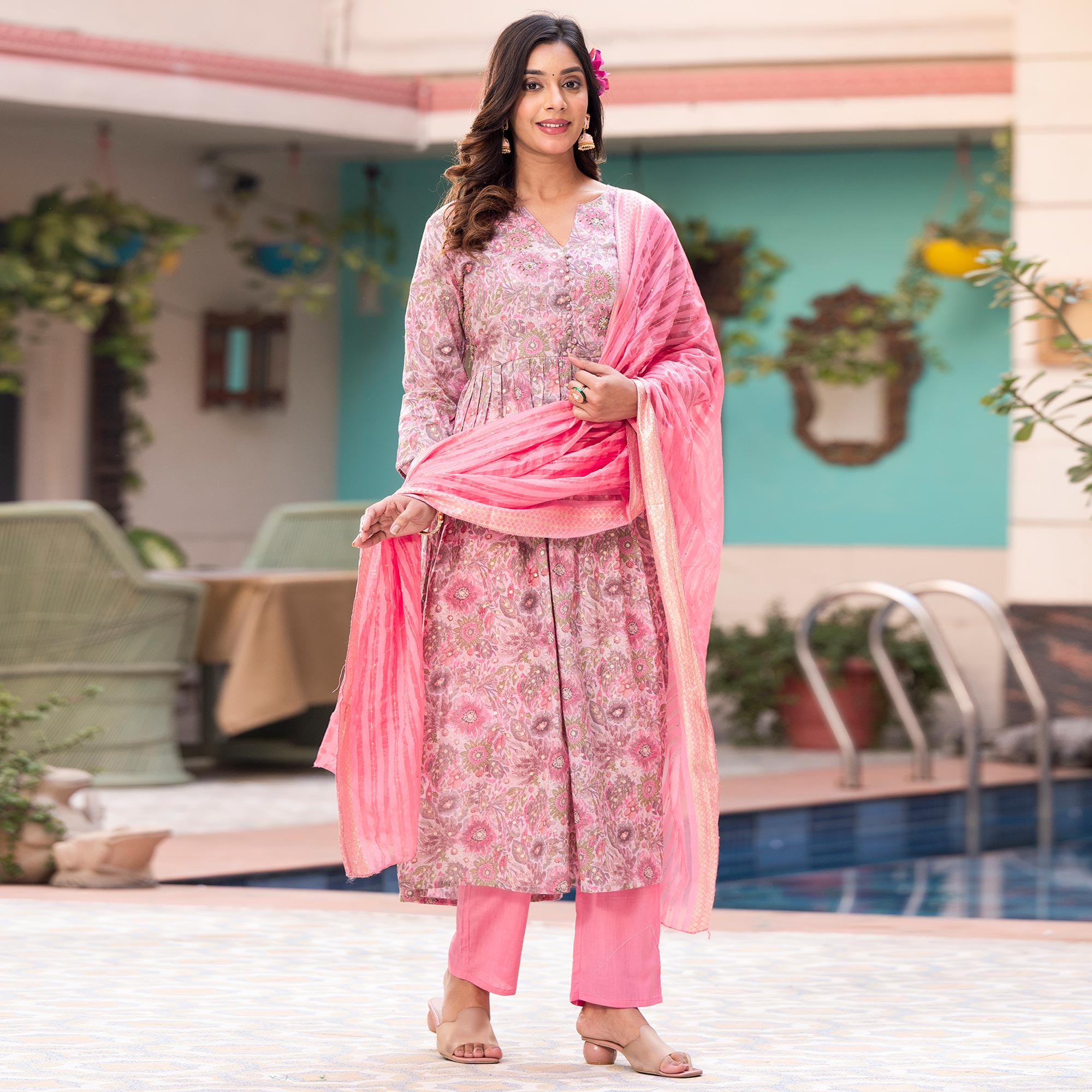 Pink Naira Cut Mulmul Cotton Suit with Handcrafted & Foil Print