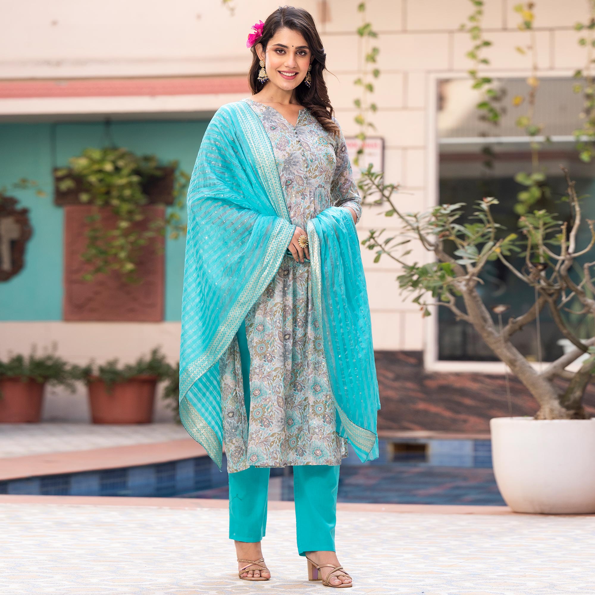 Turquoise Naira Cut Mulmul Cotton Suit with Handcrafted & Foil Print