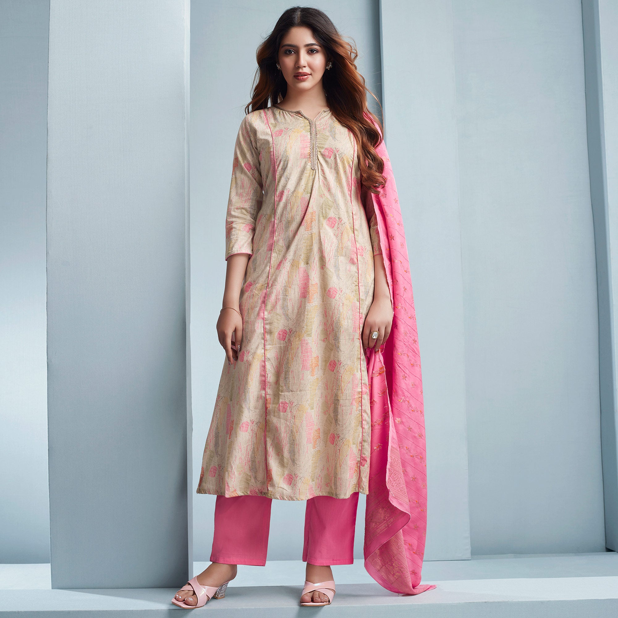 Off White Foil Printed Pure Cotton A-line Salwar Suit