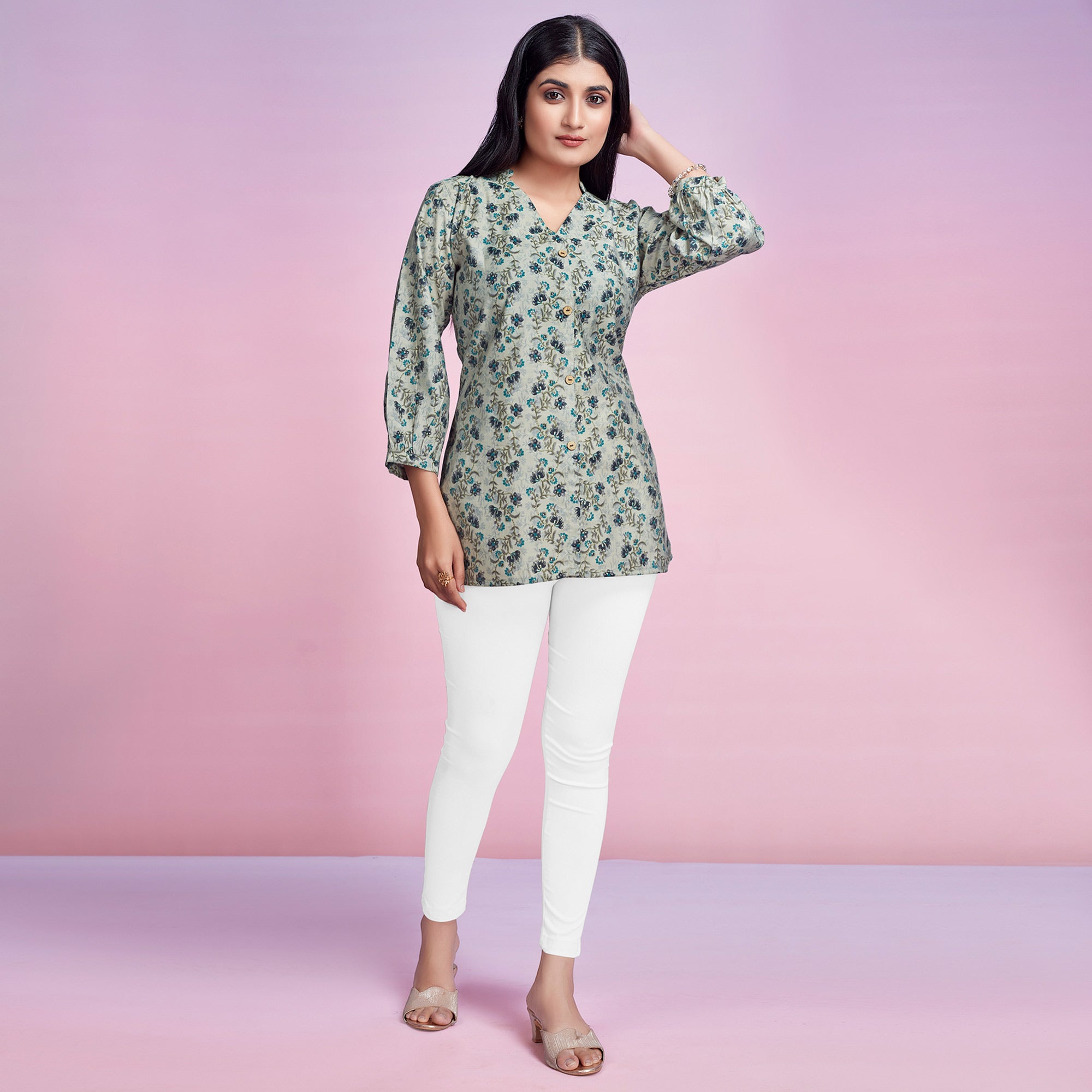 Off White & Blue Floral Foil Printed Chanderi Silk Top