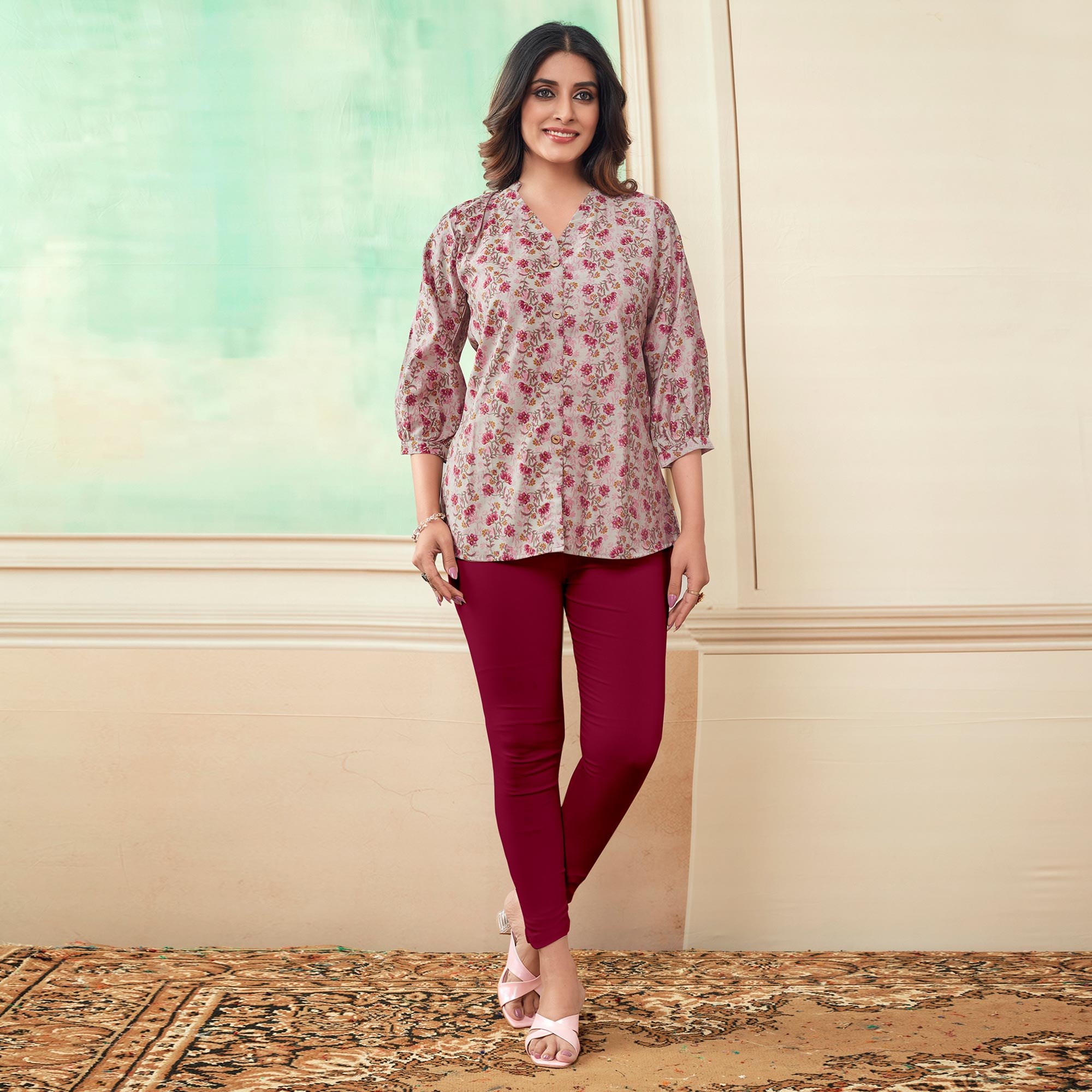 Off White & Magenta Floral Foil Printed Chanderi Silk Top