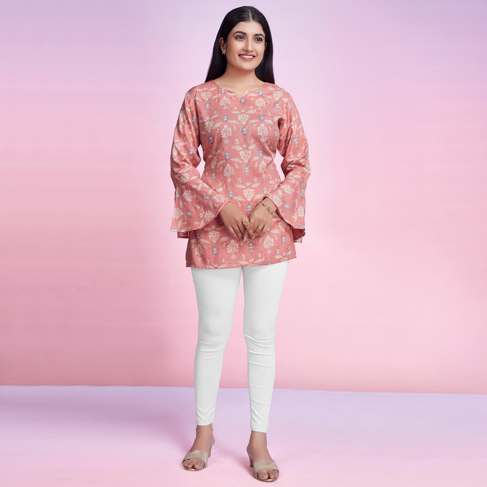 Peach Floral Foil Printed Chanderi Silk Top