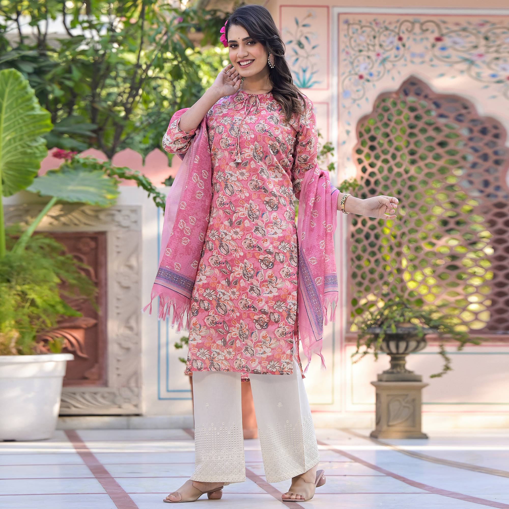 Pink Floral Mul Cotton Suit With Handcrafted & Foil Print