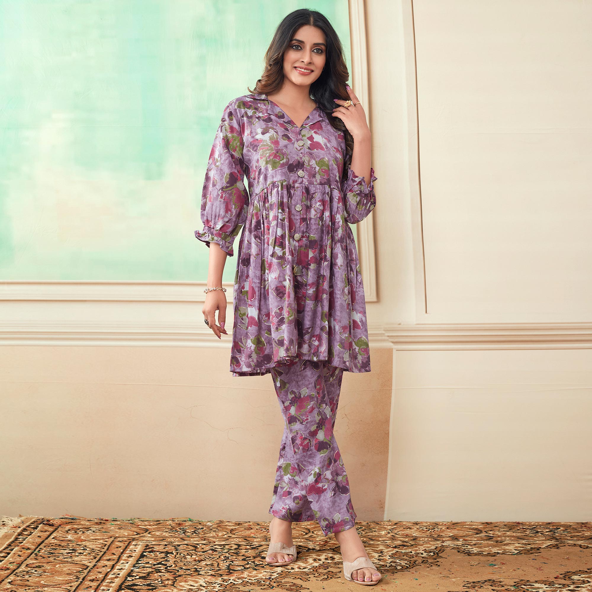 Lavender Floral Foil Printed Chanderi Silk Co Ord Set