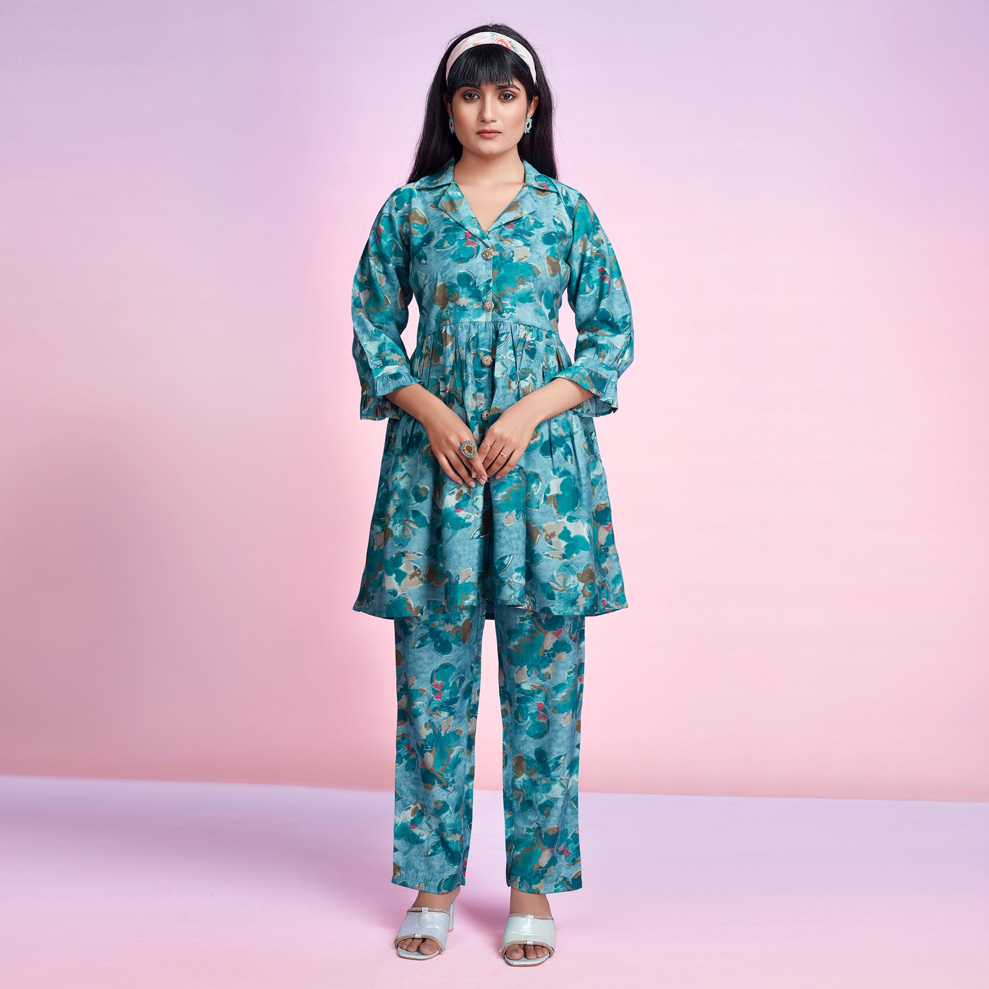 Turquoise Floral Foil Printed Chanderi Silk Co Ord Set