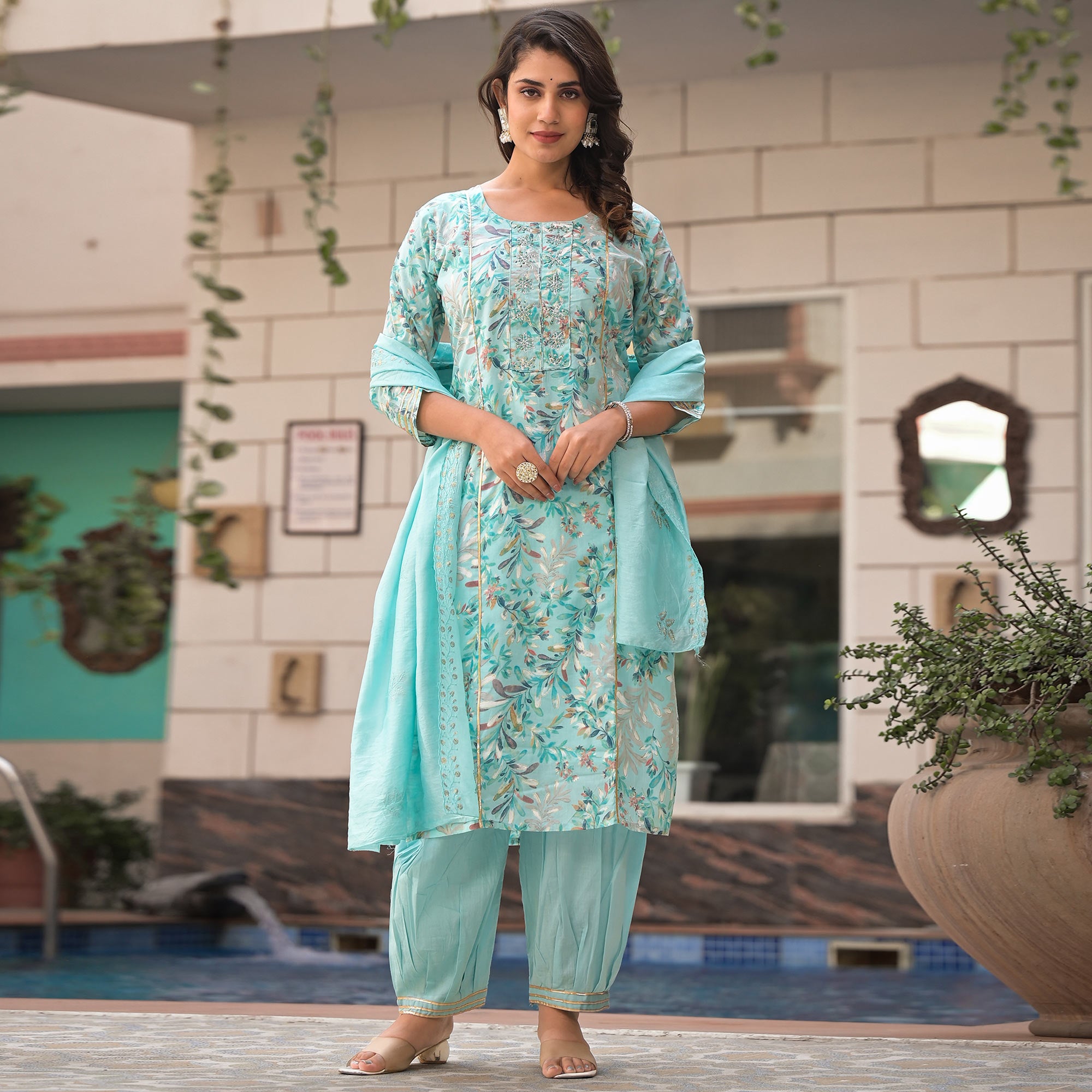Turquoise Floral Foil Printed Pure Cotton A-Line Salwar Suit