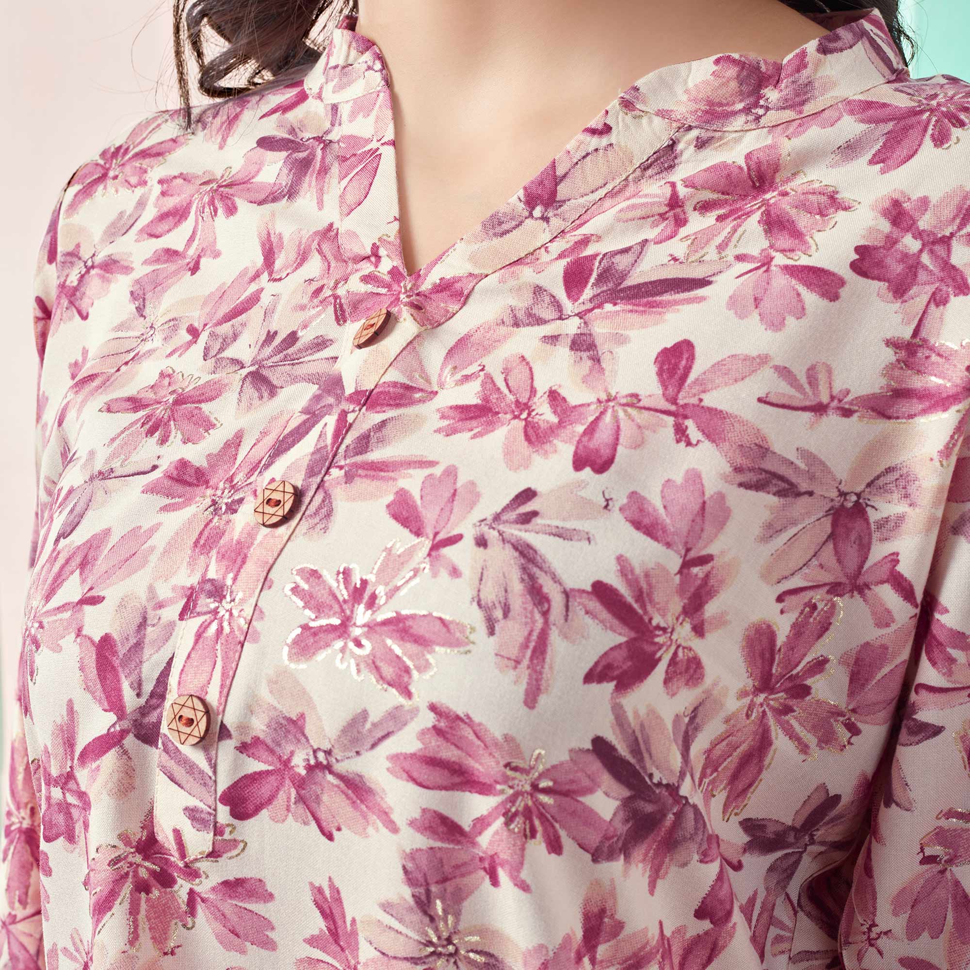 Cream & Pink Floral Foil Printed Rayon Straight Top