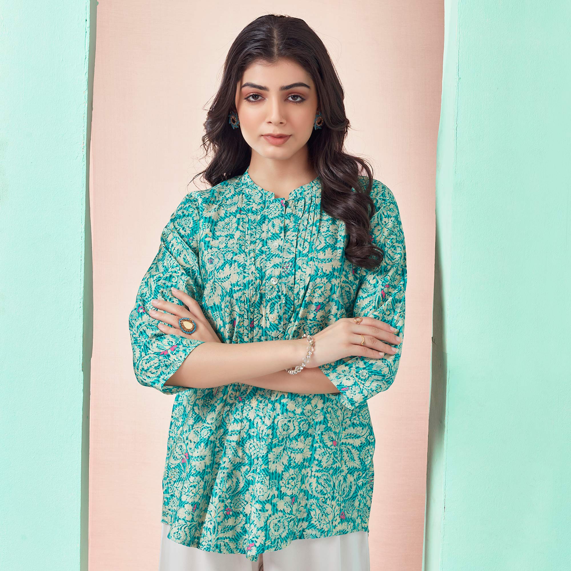 Turquoise Floral Chanderi Silk Straight Top