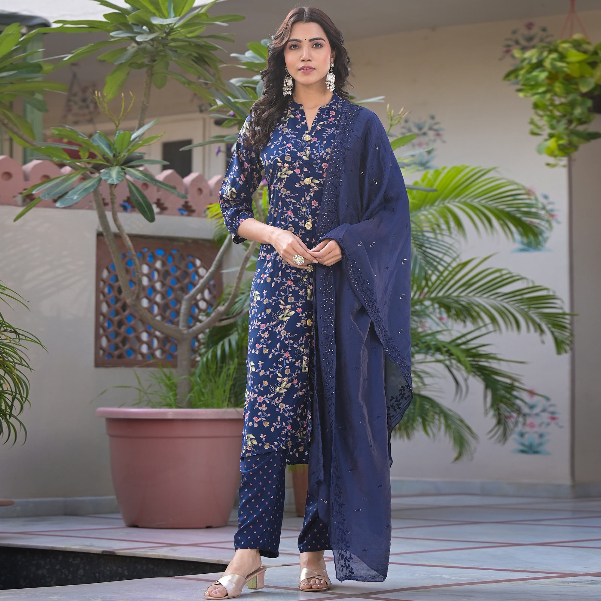 Navy Blue Floral Foil Printed Rayon Salwar Suits