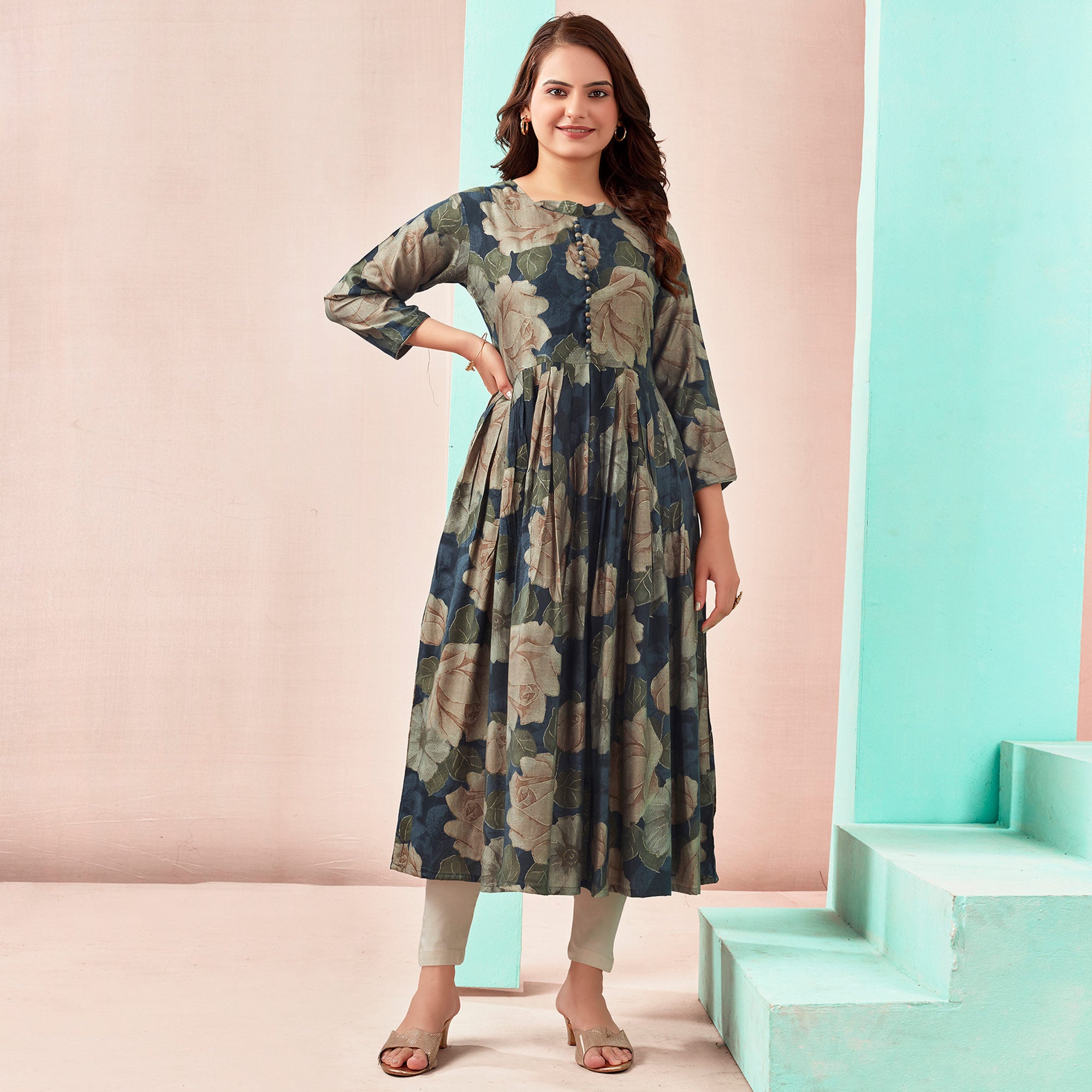 Navy Blue Floral Foil Printed Chanderi Silk Kurti