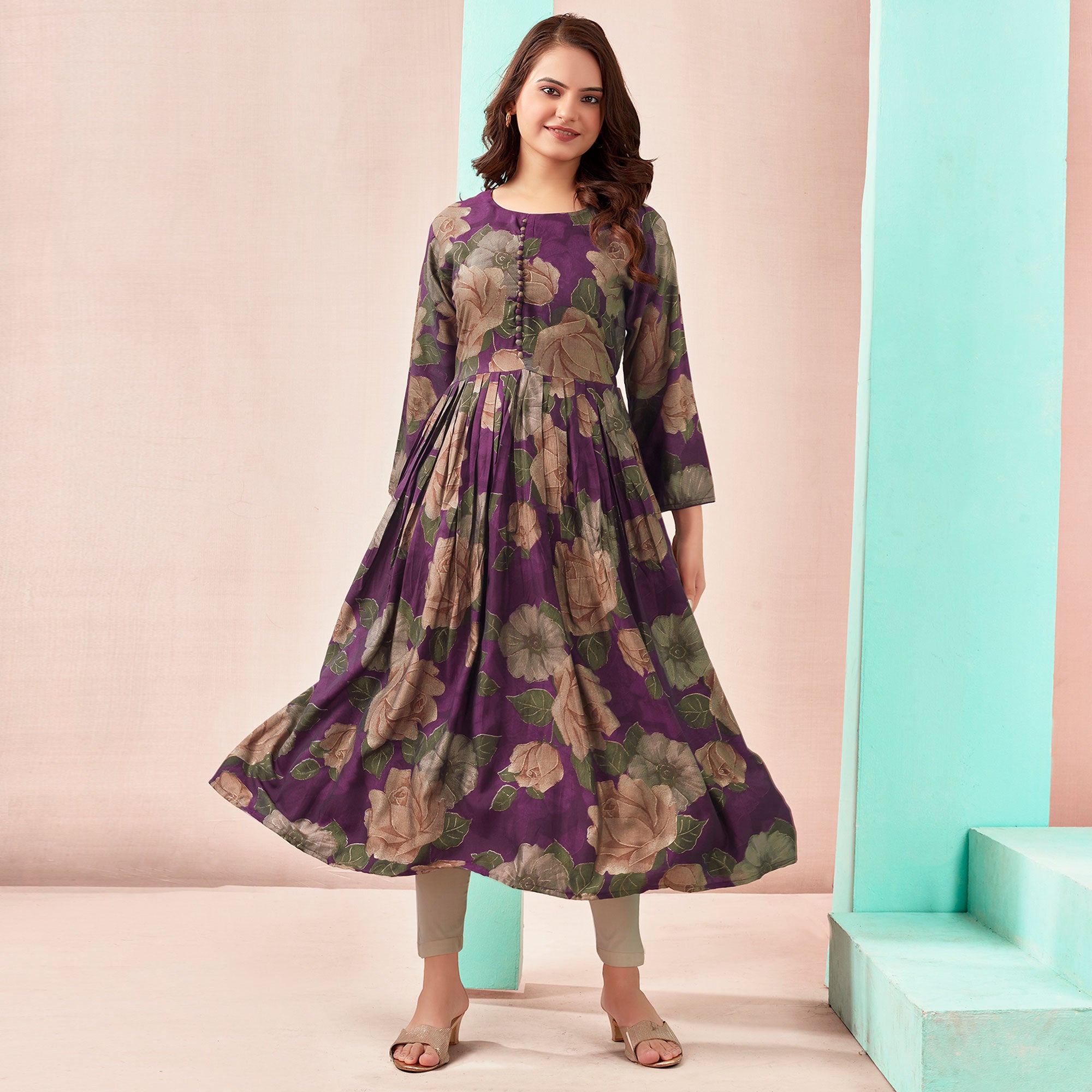 Wine Floral Foil Printed Chanderi Silk Kurti