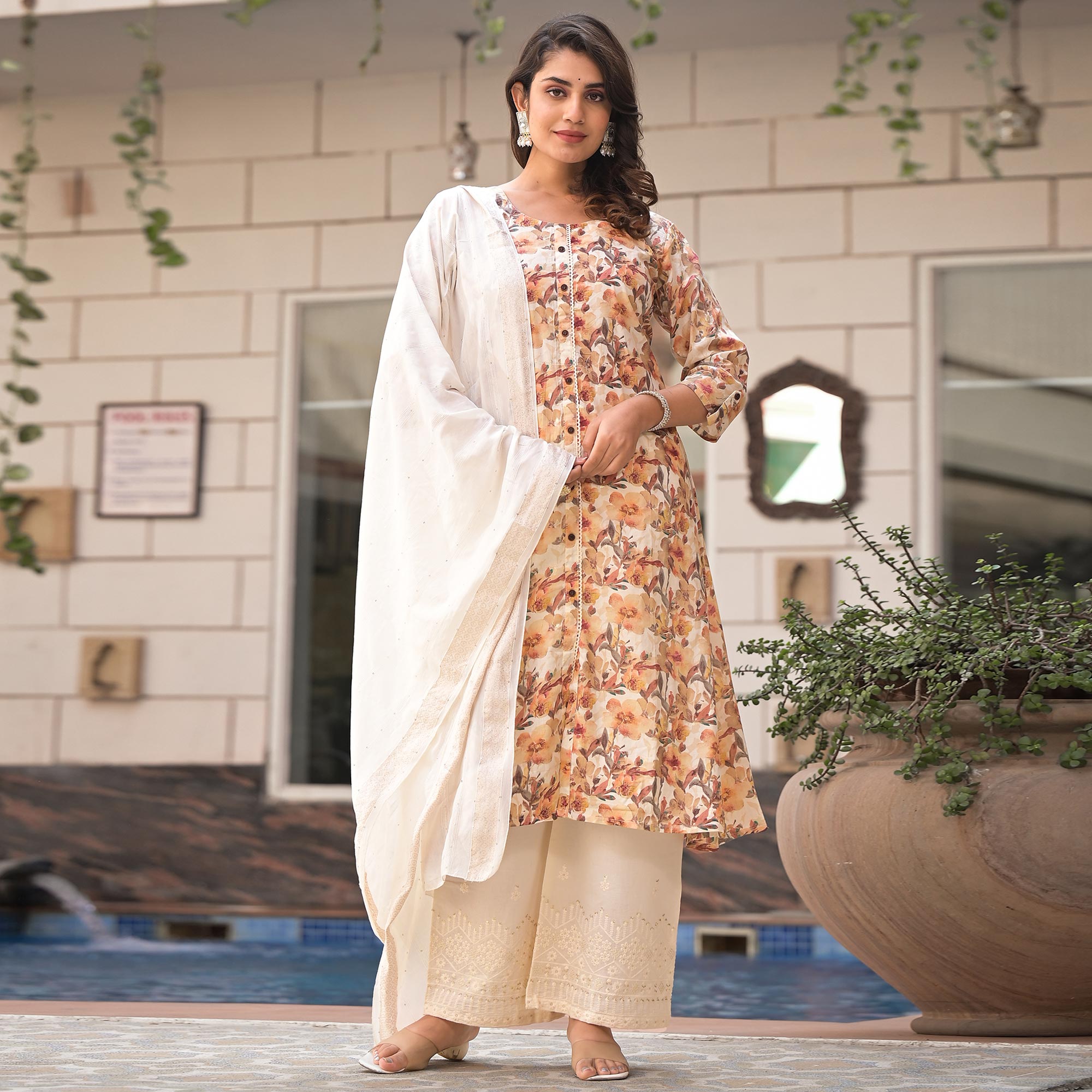 Off White Floral Printed Pure Cotton A-Line Plazzo Suit