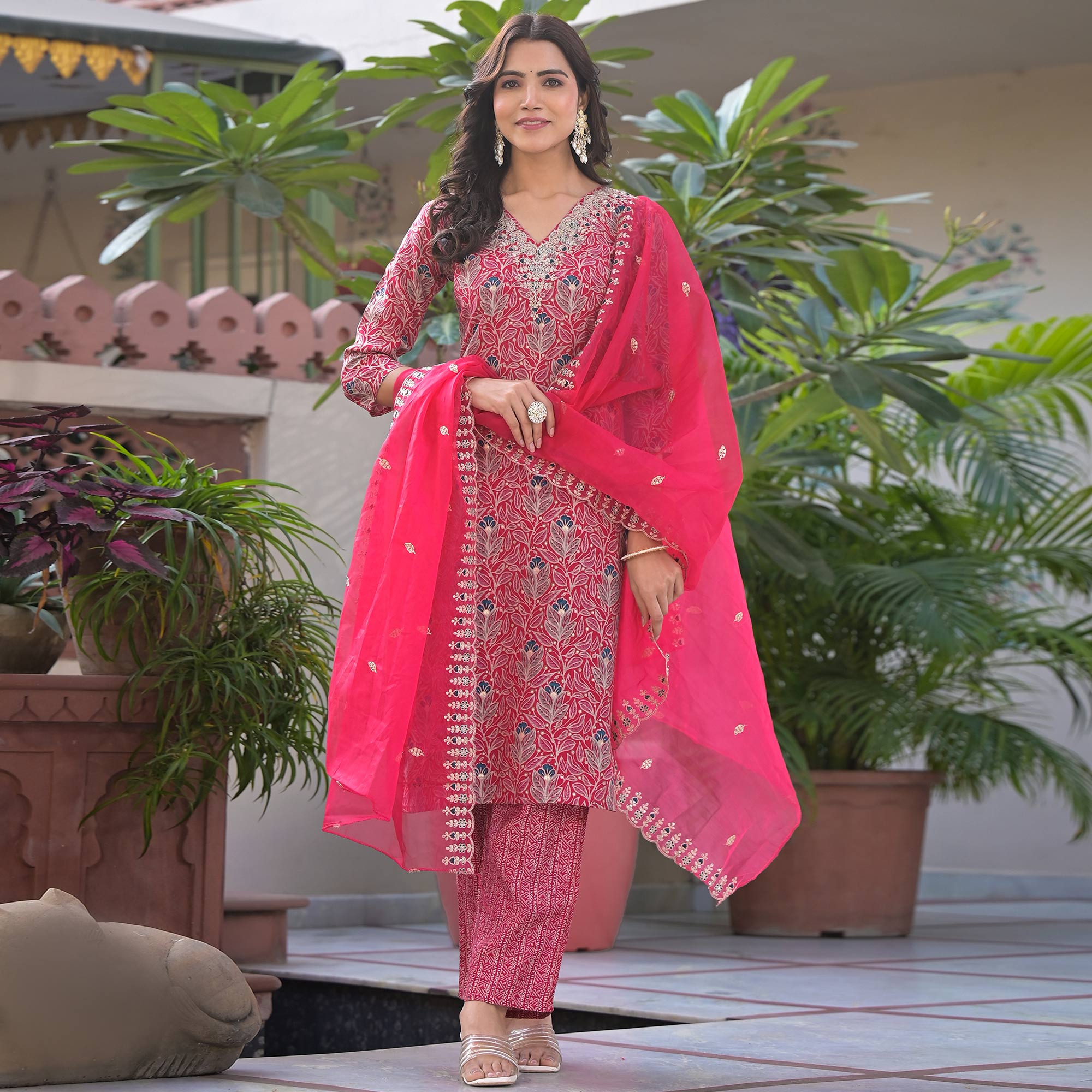 Pink Foil Printed Chanderi Straight Cut Salwar Suit