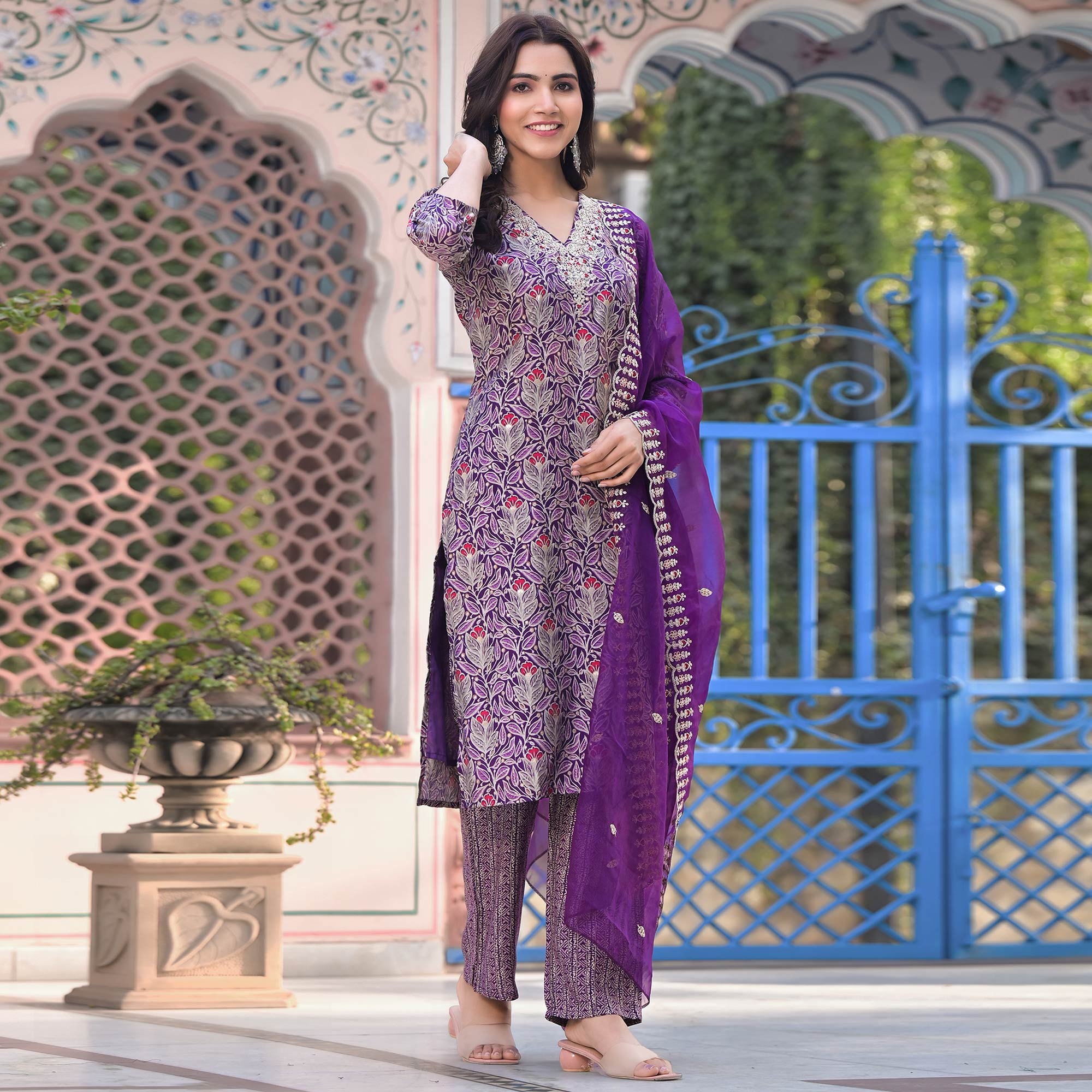 Purple Foil Printed Chanderi Straight Cut Salwar Suit