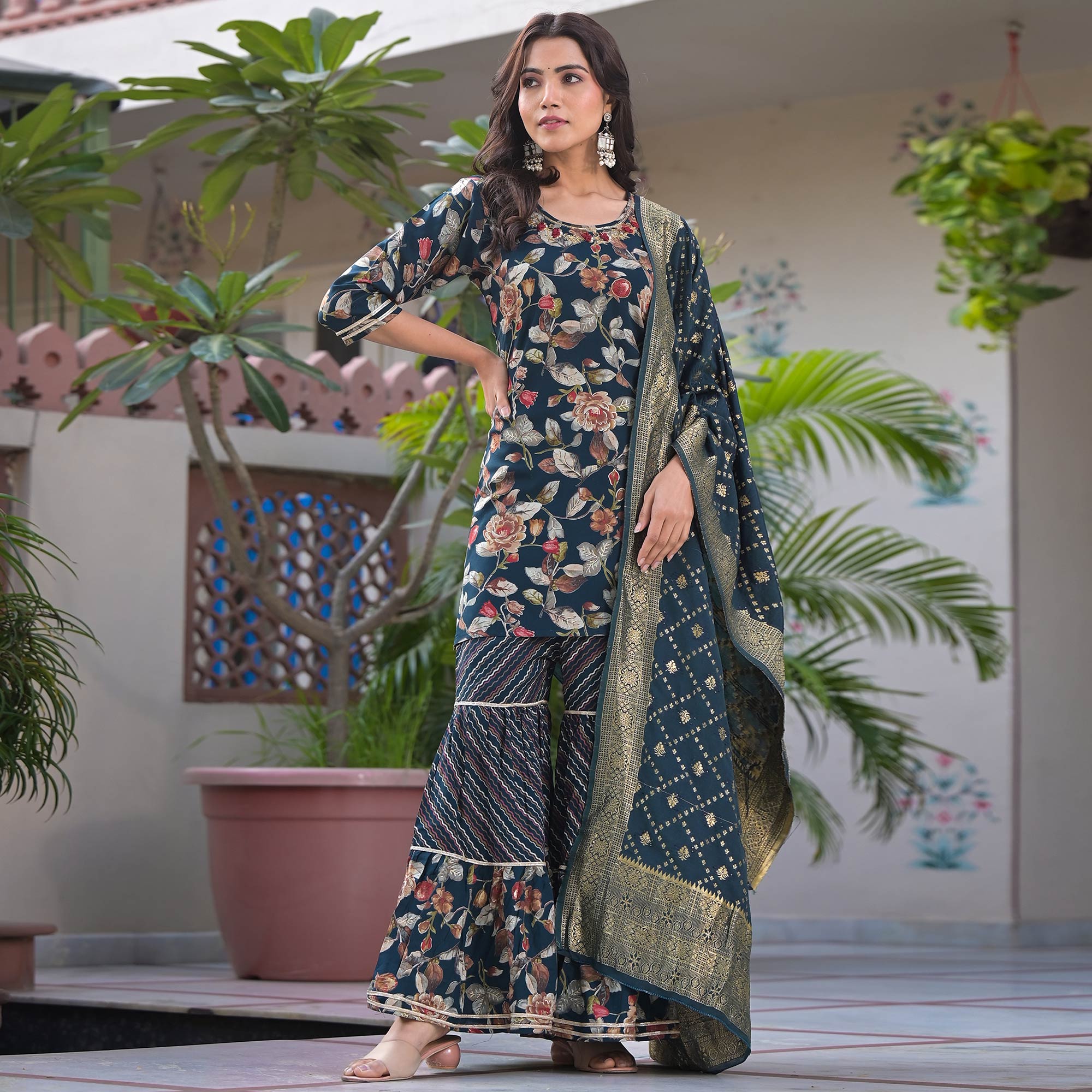 Green Floral Foil Printed Rayon Sharara Suit With Handcrafted