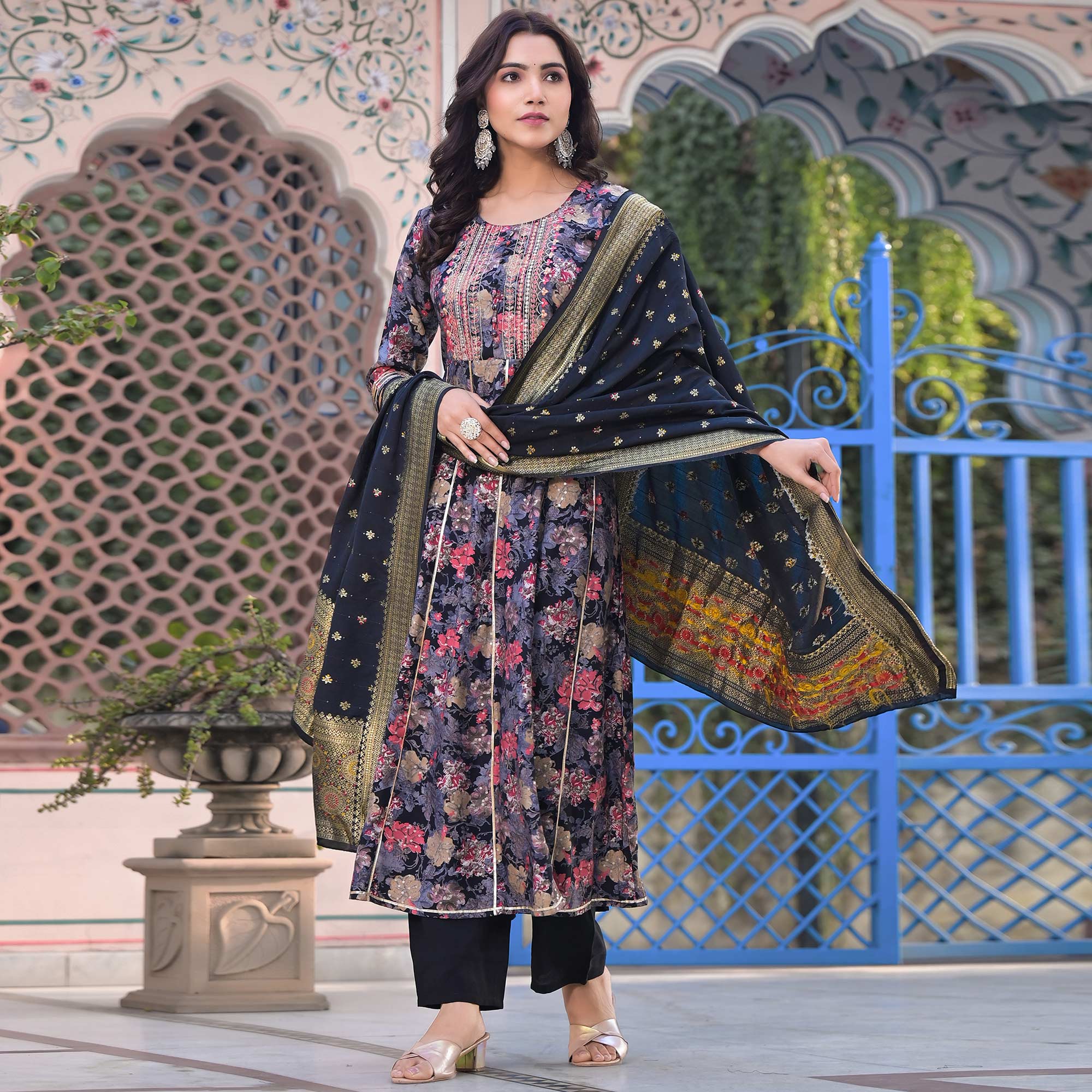 Black Floral Foil Printed Chanderi Silk Anarkali Salwar Suit