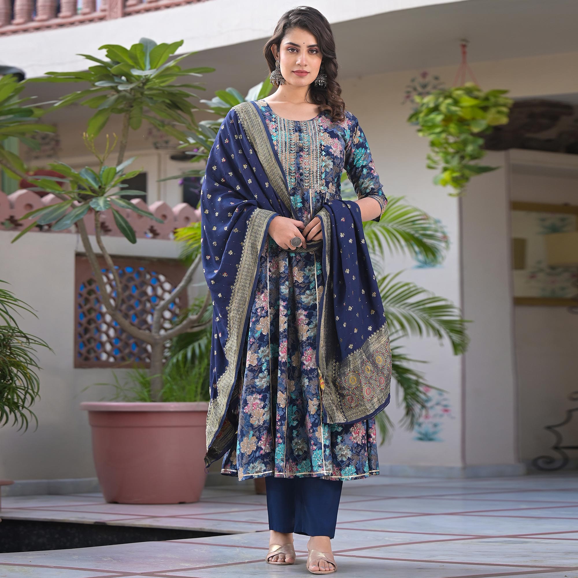 Navy Blue Floral Foil Printed Chanderi Silk Anarkali Salwar Suit