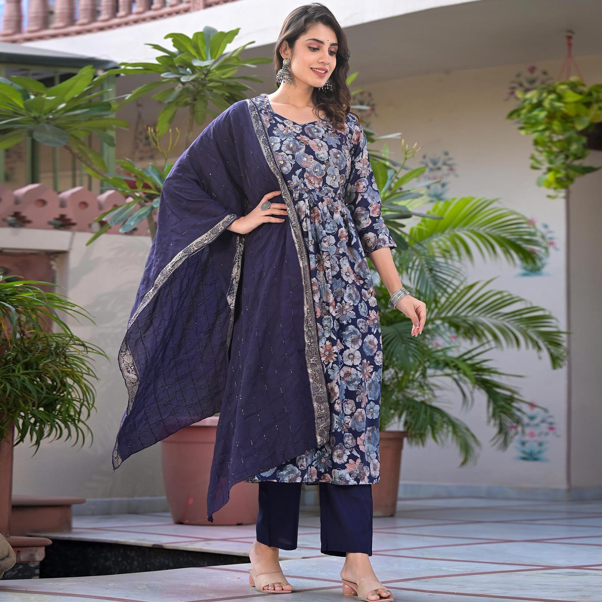 Navy Blue Floral Printed Chanderi Silk Salwar Suit With Handcrafted