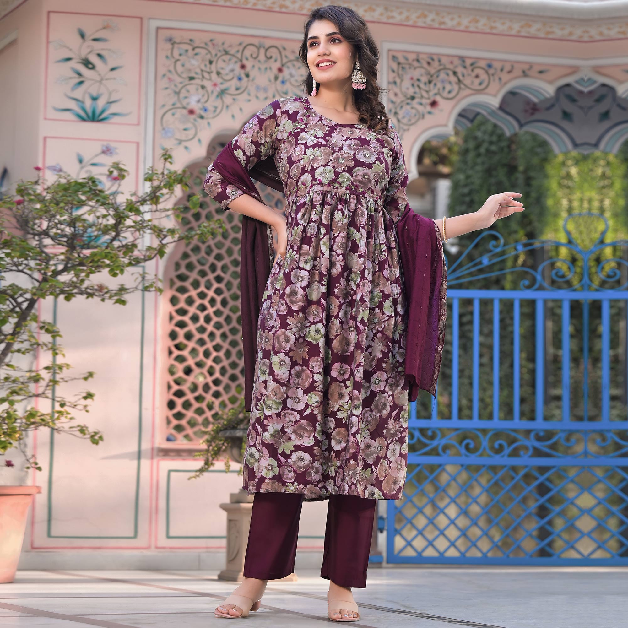 Wine Floral Printed Chanderi Silk Salwar Suit With Handcrafted