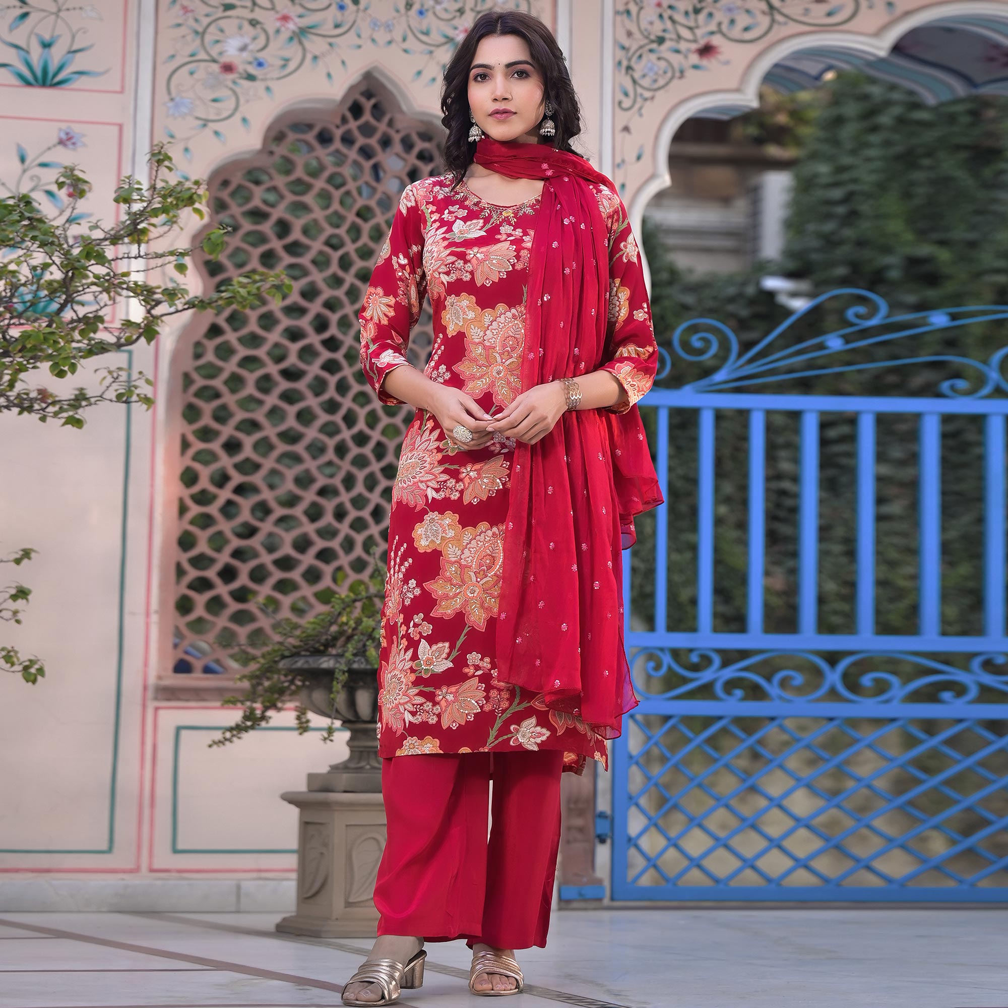 Red Floral Printed Beads Embroidered Crepe Salwar Suit