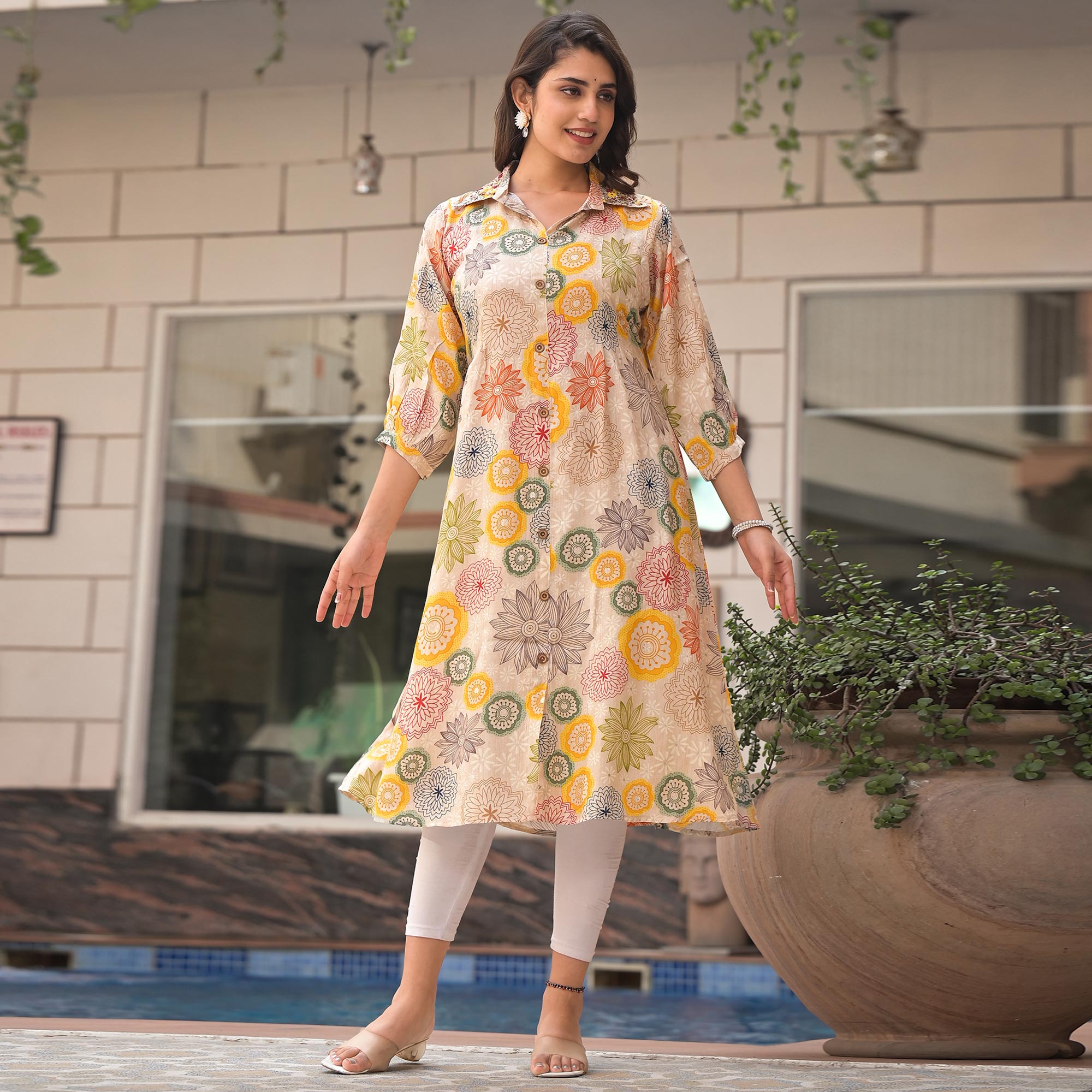 Multicolor Floral Printed Muslin A-line Kurti Dress