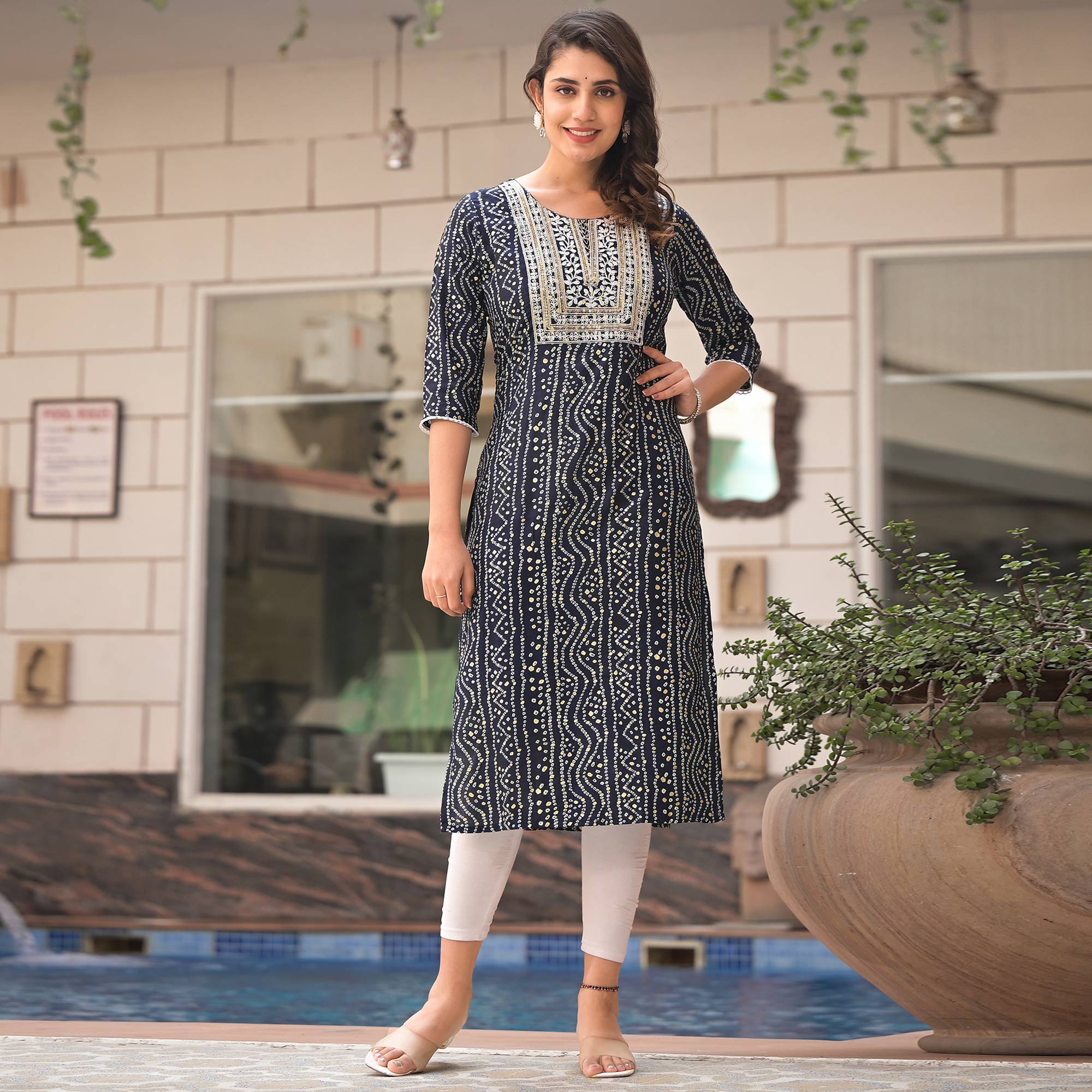 Blue Foil Bandhani Printed With Embroidered Rayon Kurti