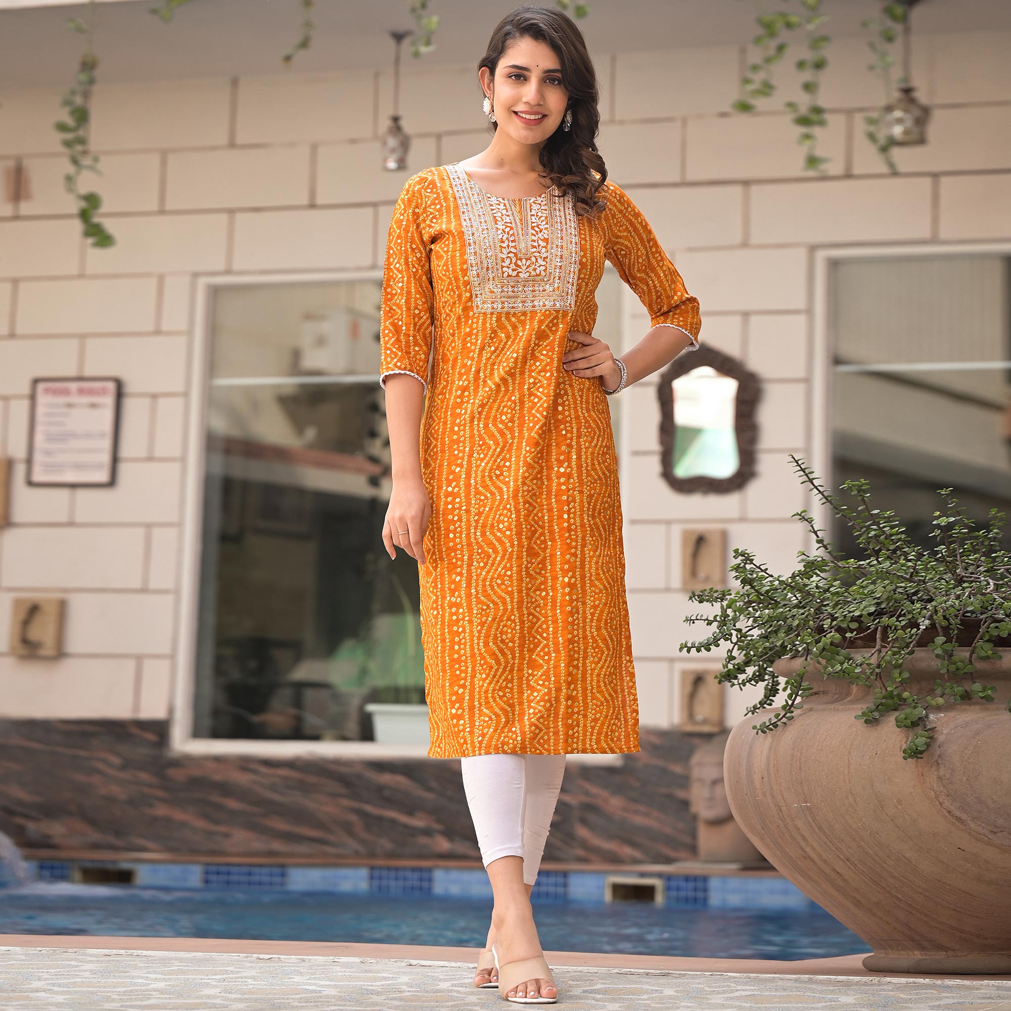 Mustard Foil Bandhani Printed With Embroidered Rayon Kurti