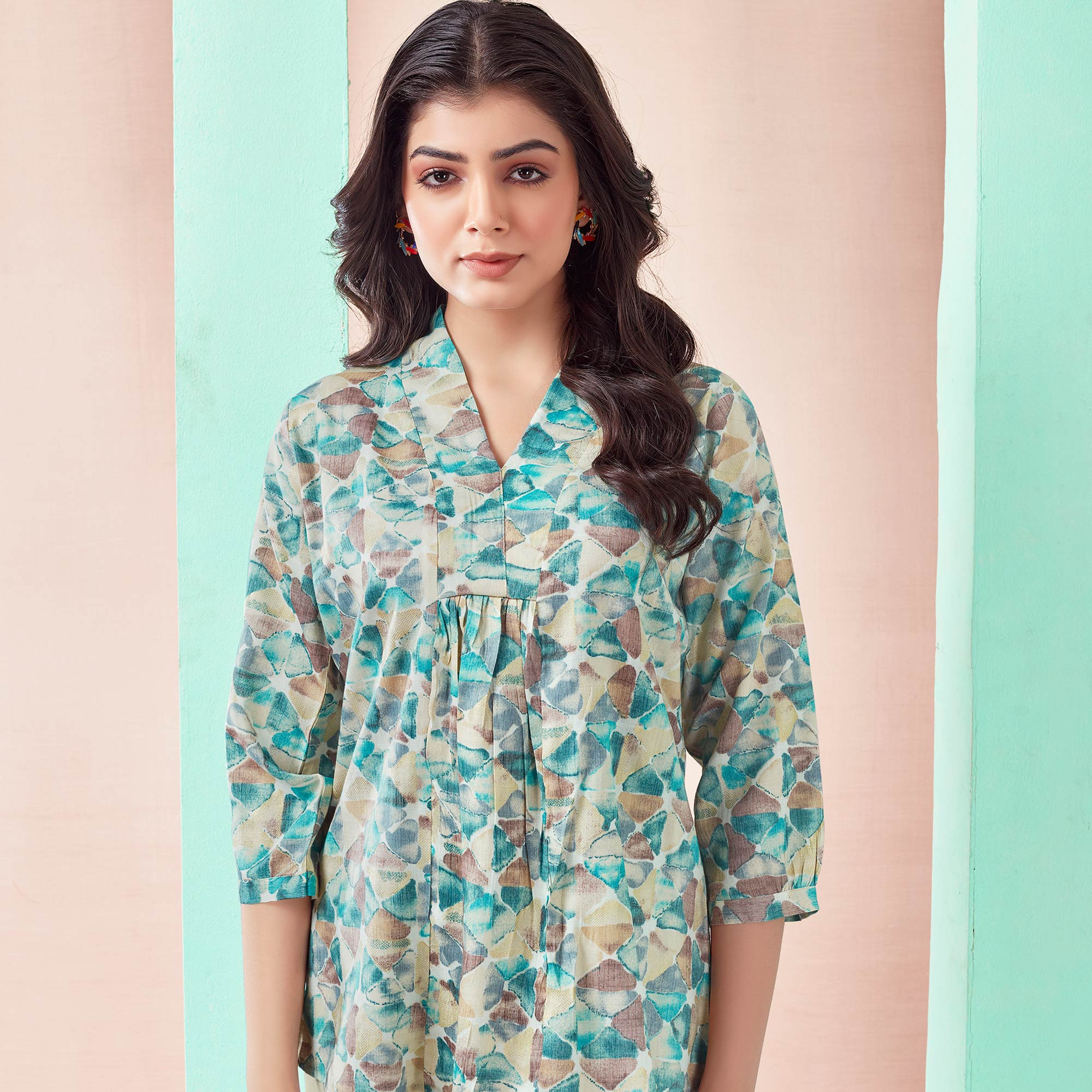 Turquoise Foil Printed Rayon A-Line Top