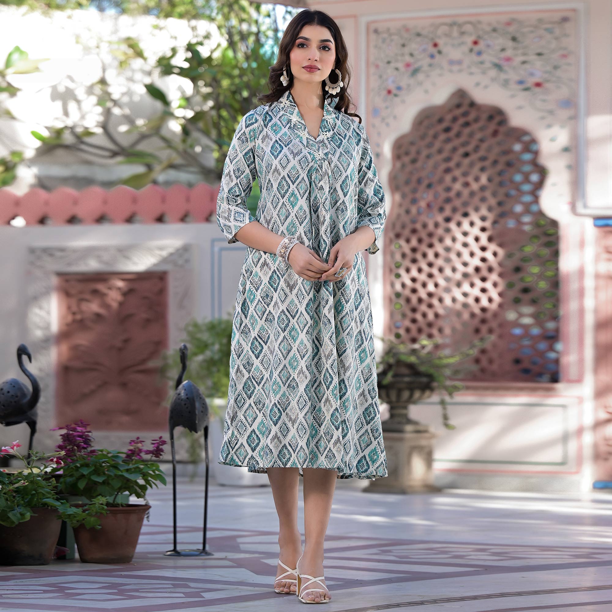 Blue Foil Printed Pure Cotton A-Line Kurti Dress