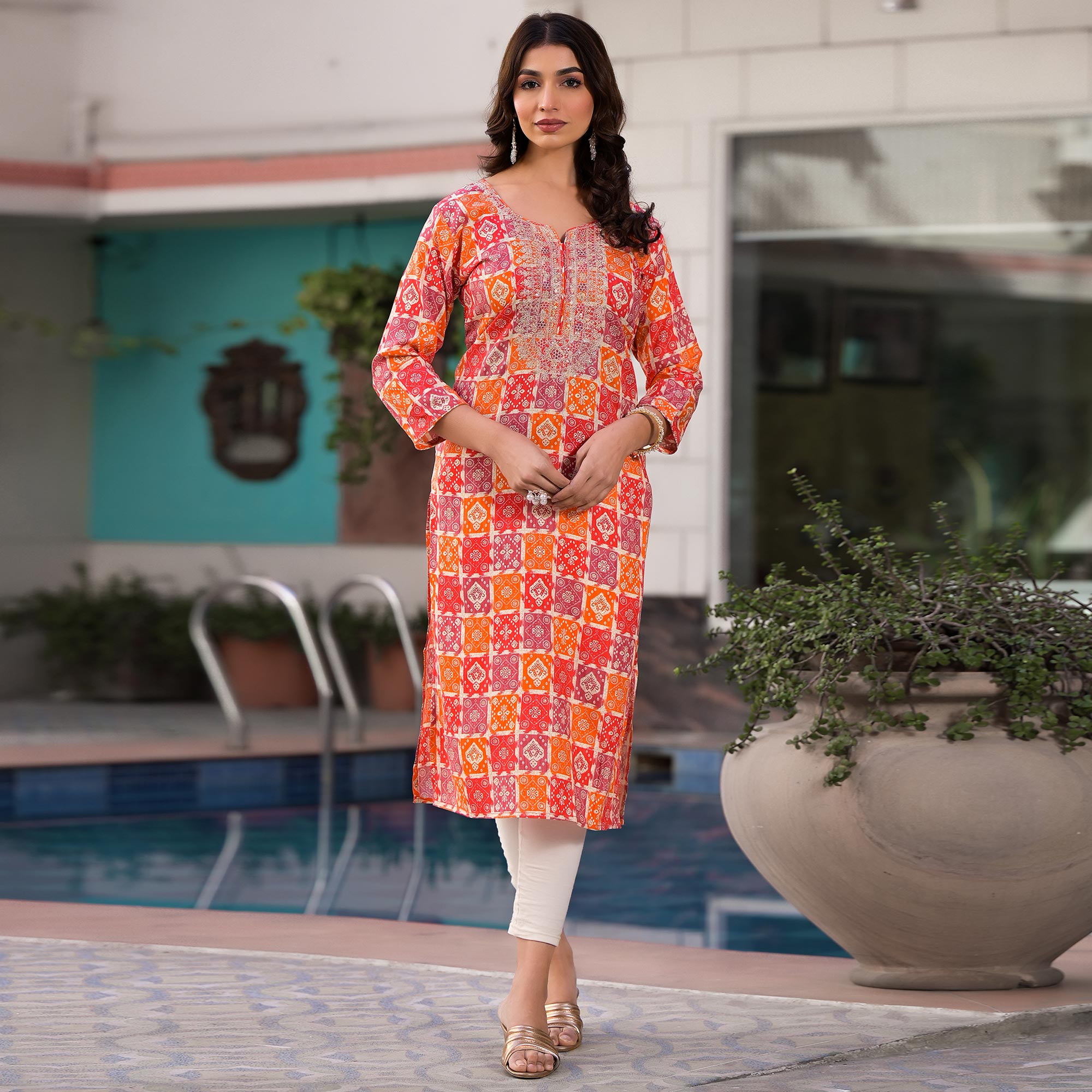 Red & Orange Bandhani Foil Printed Rayon Straight Kurti