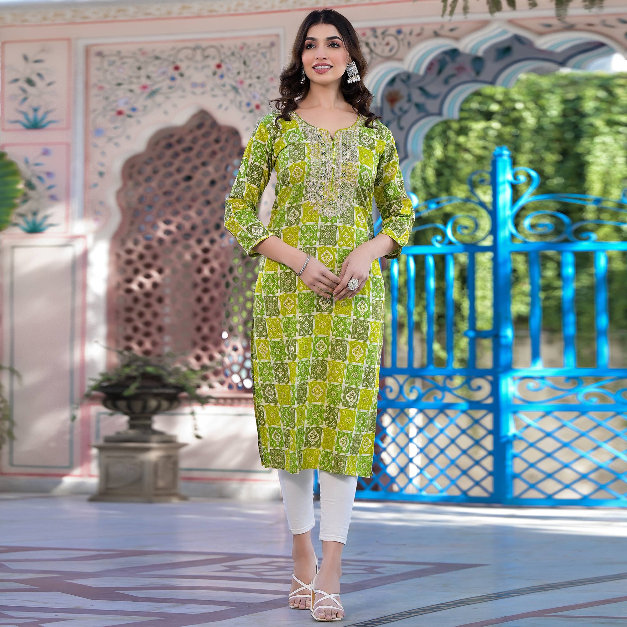 Yellow & Green Bandhani Foil Printed Rayon Straight Kurti