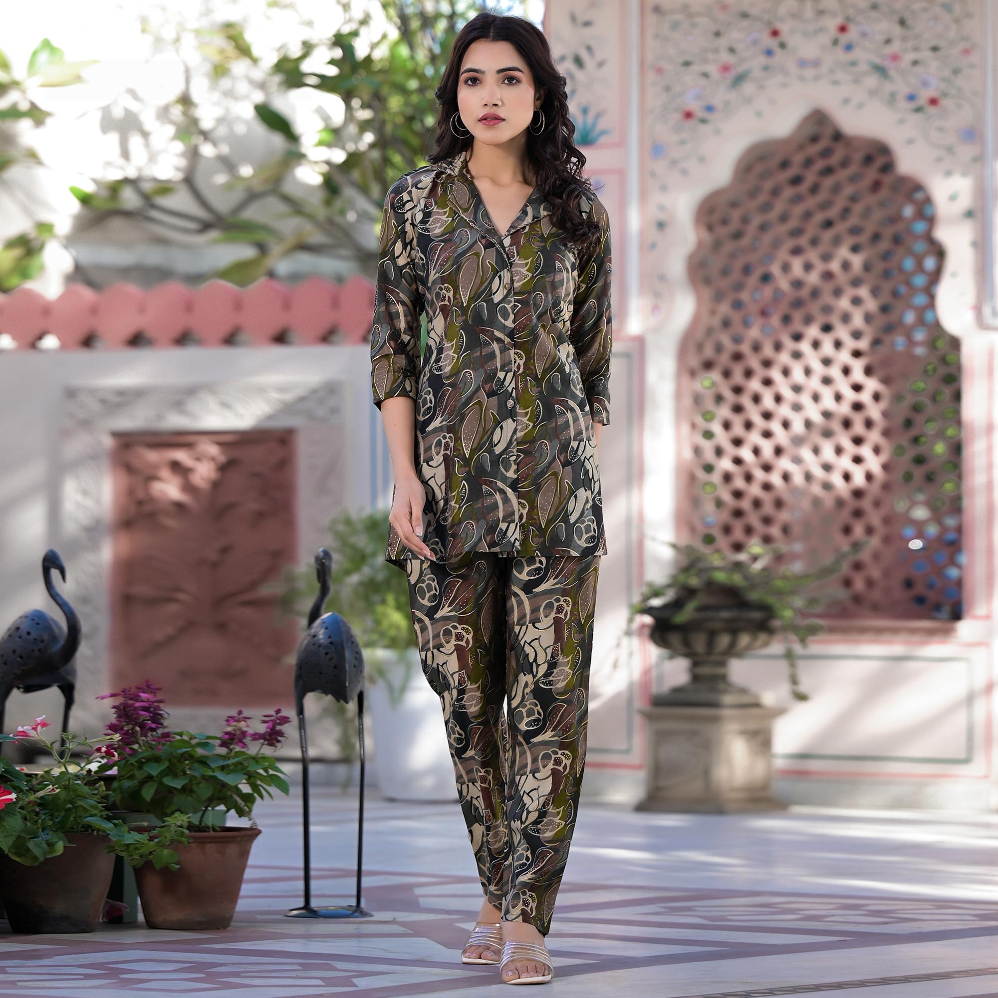 Green Foil Printed Chanderi Silk Co Ord Set