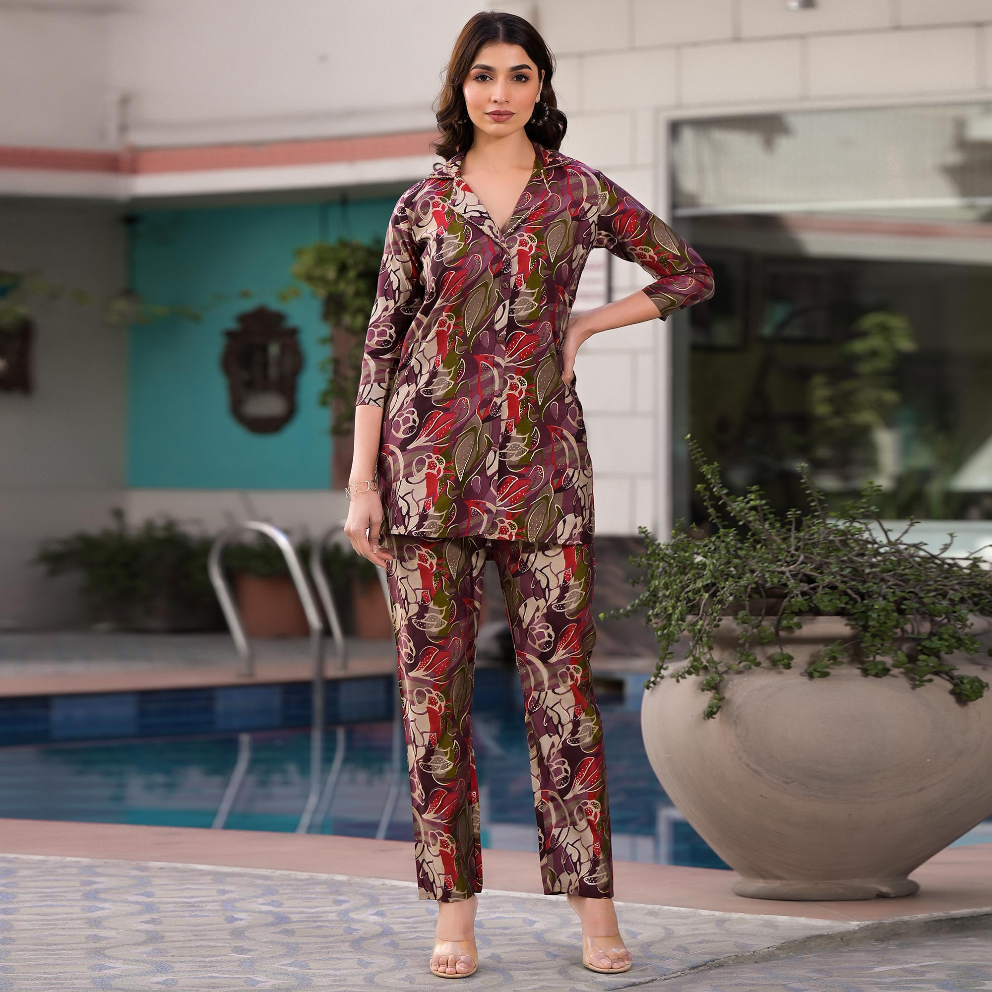Purple Foil Printed Chanderi Silk Co Ord Set