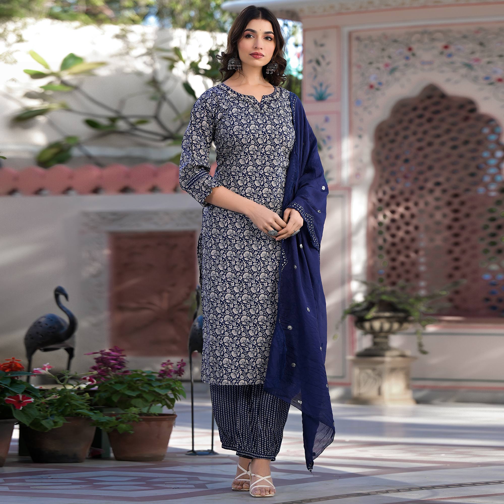 Blue Floral Printed Pure Cotton Salwar Suit
