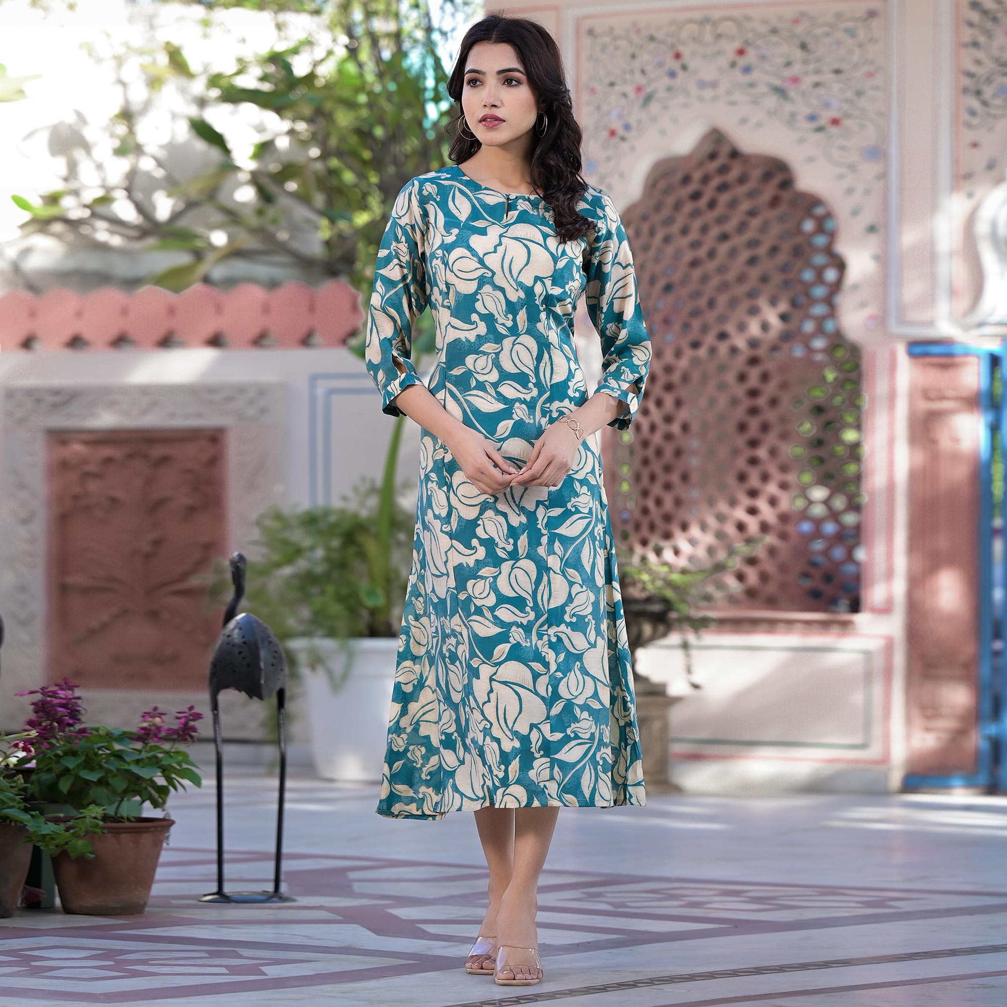 Turquoise Floral Printed Chanderi Silk Dress