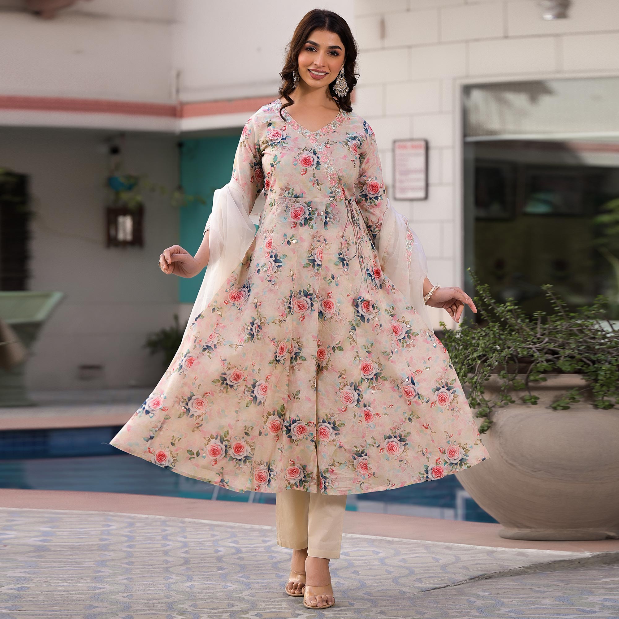 Cream Floral Printed Mulmul Cotton Anarkali Salwar Suit