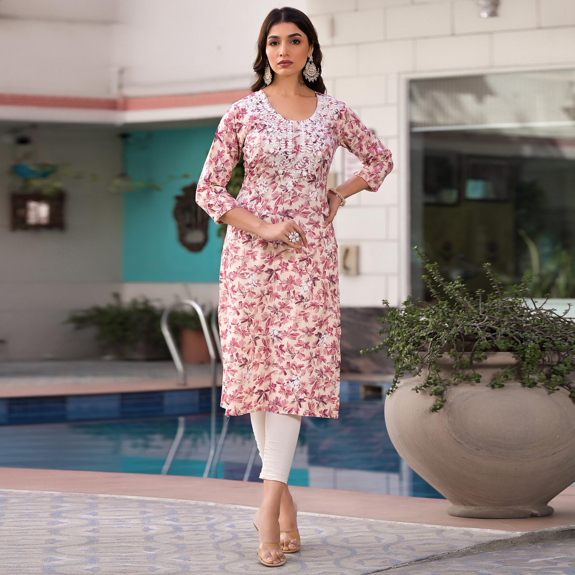 Pink Chikankari Embroidery Rayon Straight Kurti