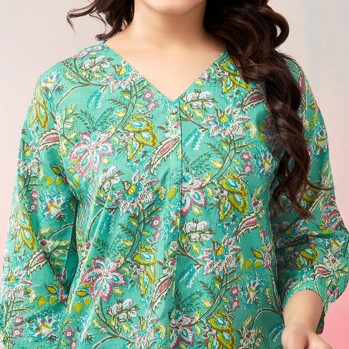 Turquoise Floral Printed Pure Cotton Top