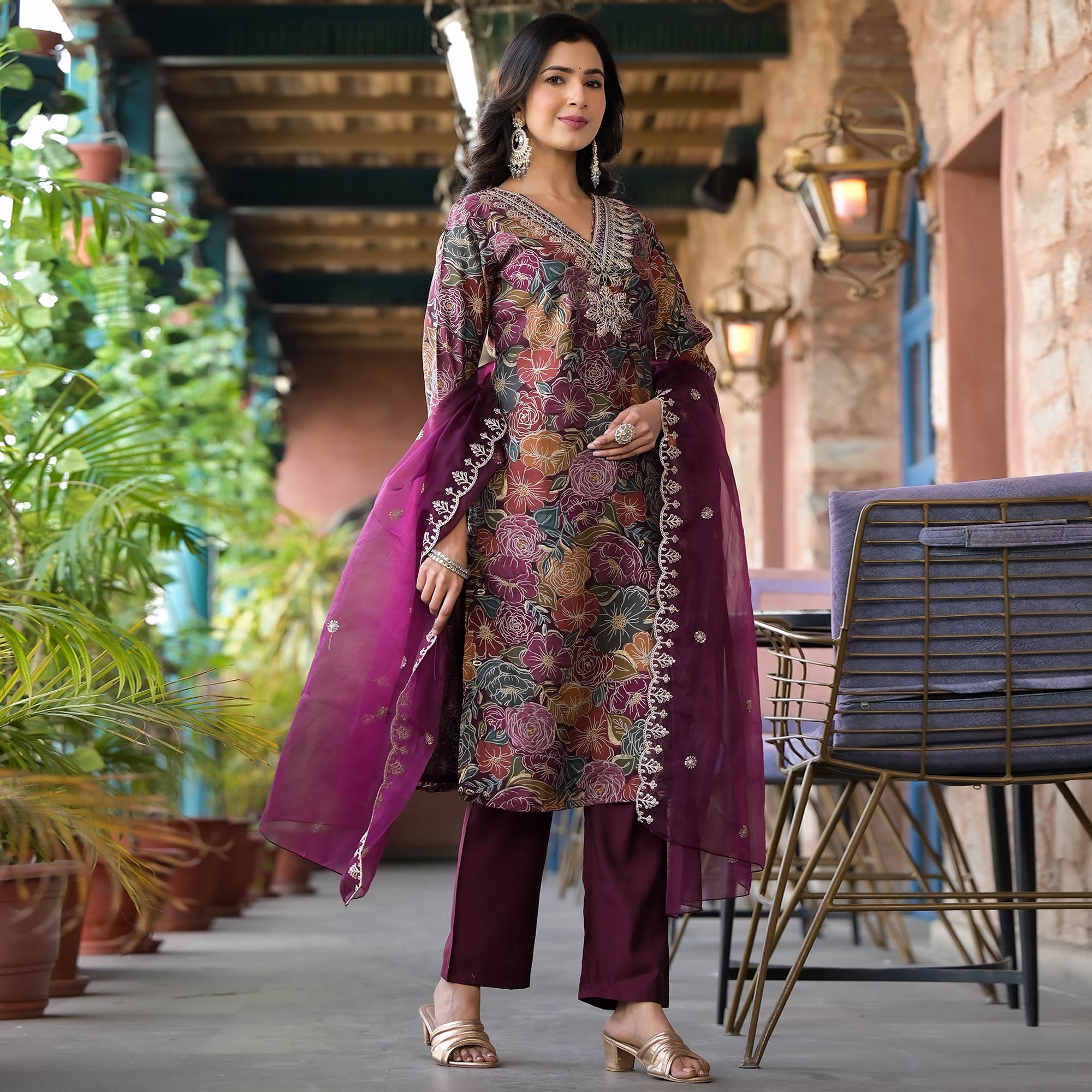 Wine Floral Printed Chanderi Silk Salwar Suit With Sequins Work