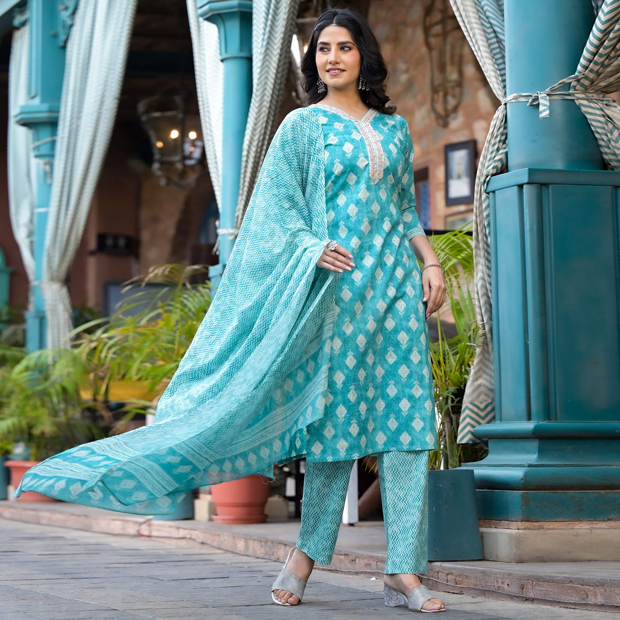 Turquoise Printed Pure Cotton Salwar Suit With Handcrafted