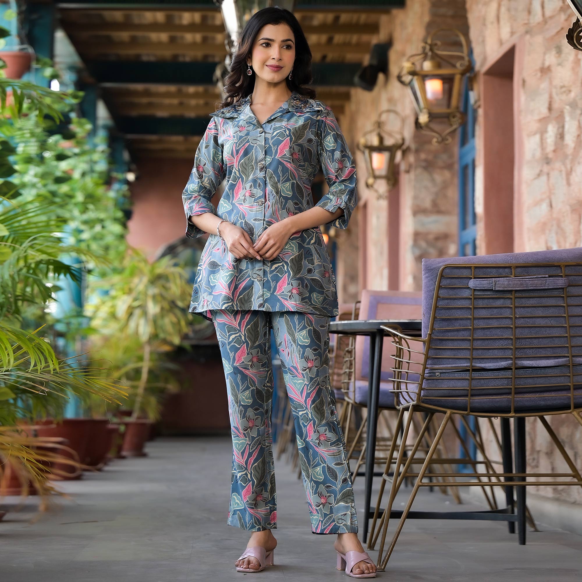 Denim Blue Floral Printed Chanderi Silk Co-Ord Sets With Handcrafted